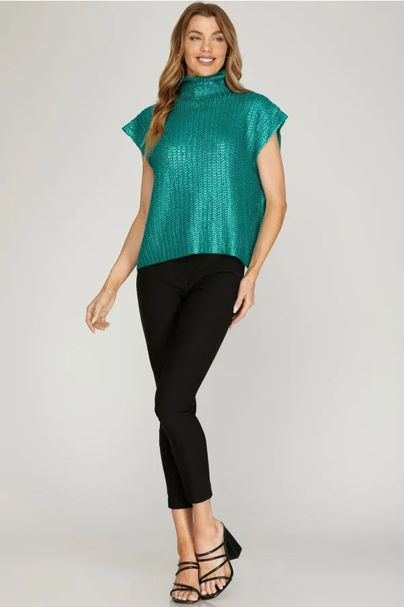 GREEN METALLIC FOIL SHORT SLEEVE SWEATER TOP