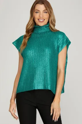 GREEN METALLIC FOIL SHORT SLEEVE SWEATER TOP