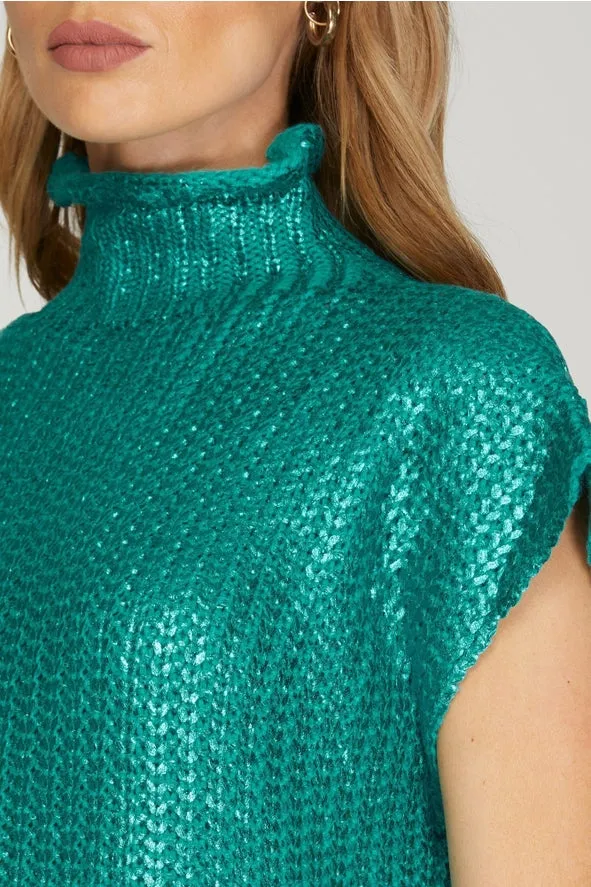 GREEN METALLIC FOIL SHORT SLEEVE SWEATER TOP