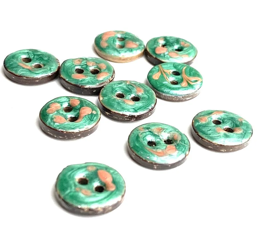 Green with Peach Swirls 1/2" Coconut Buttons,  #SWC-120