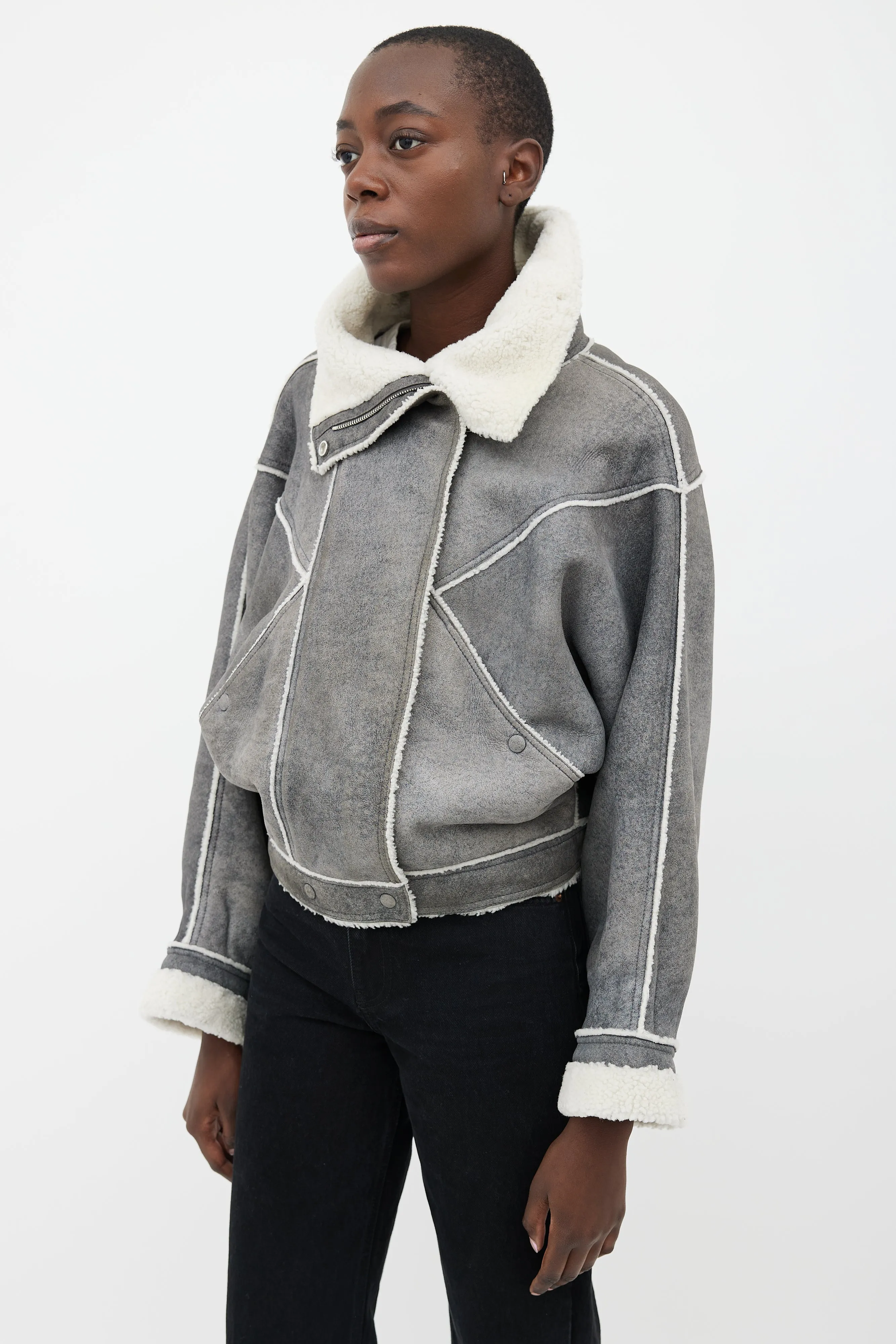 Grey Shearling Cropped Aviator Jacket