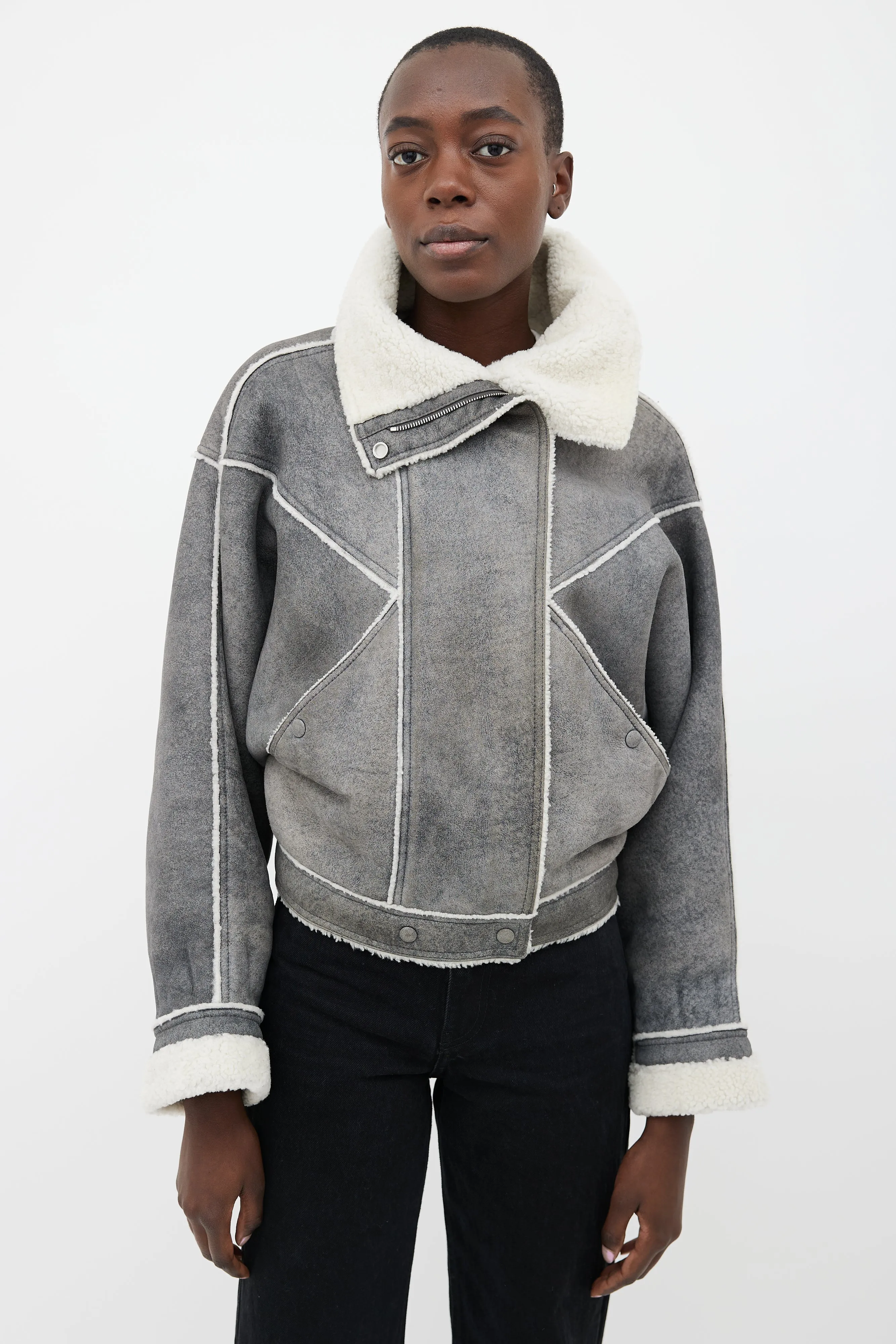 Grey Shearling Cropped Aviator Jacket