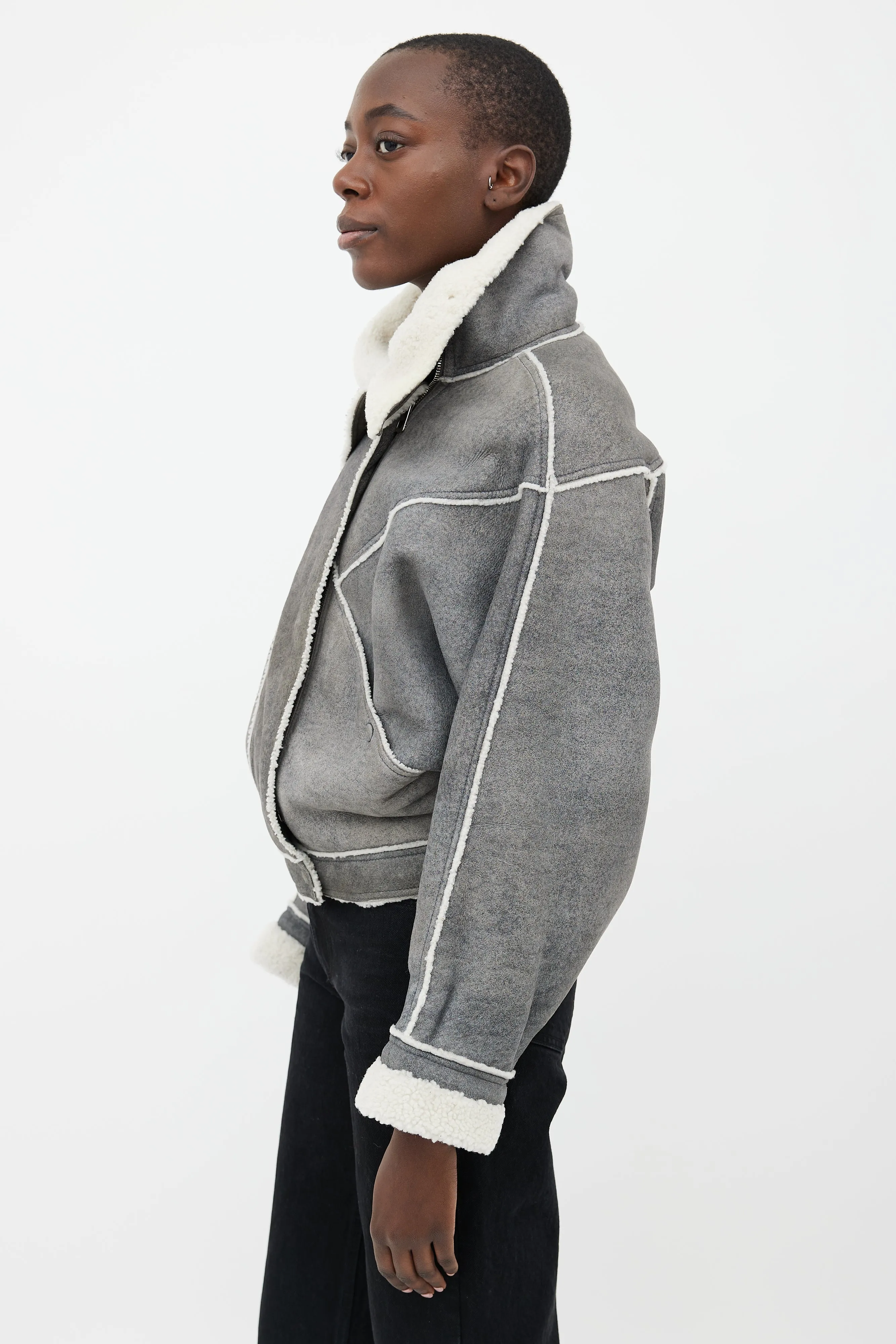 Grey Shearling Cropped Aviator Jacket