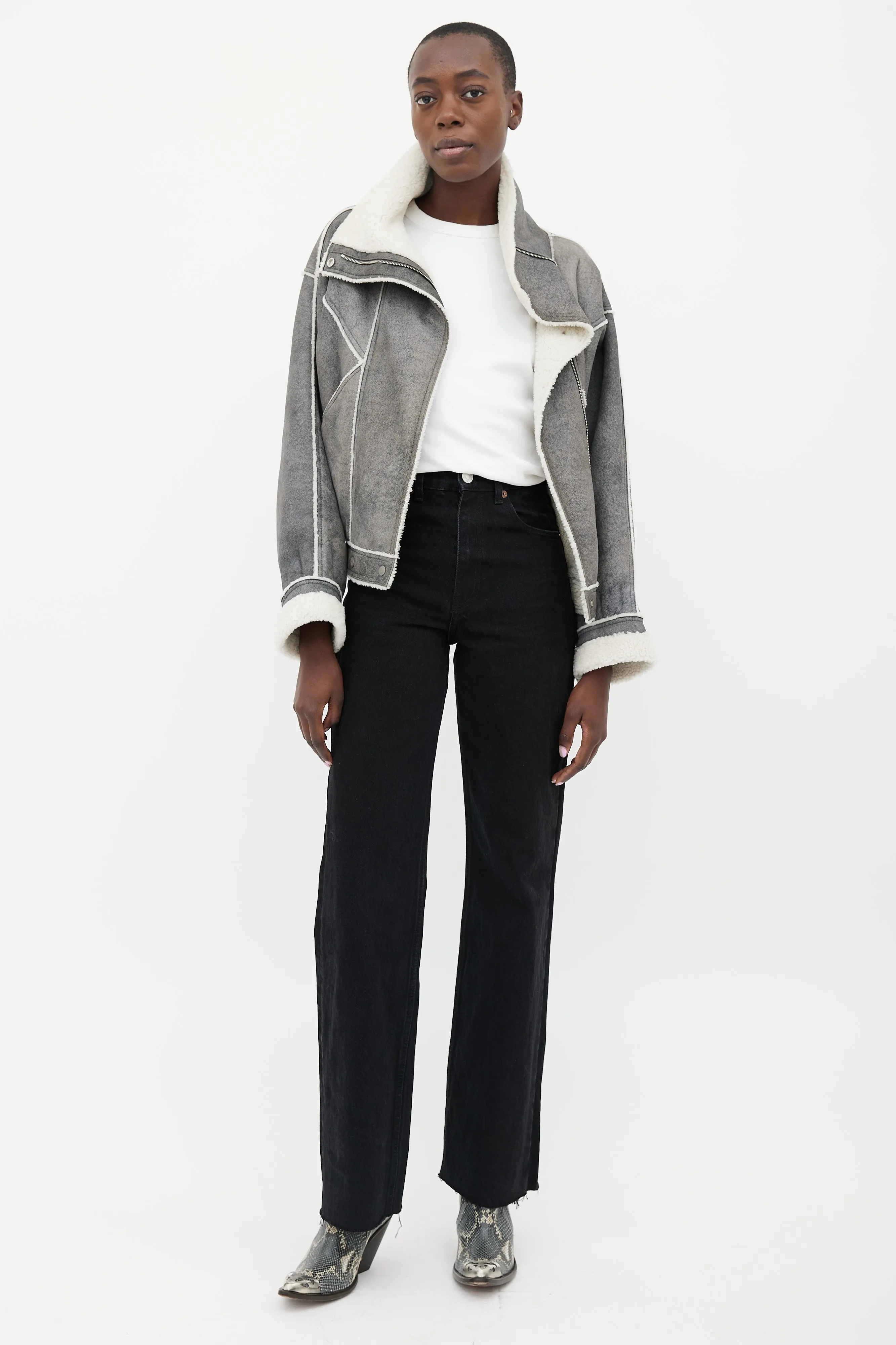 Grey Shearling Cropped Aviator Jacket