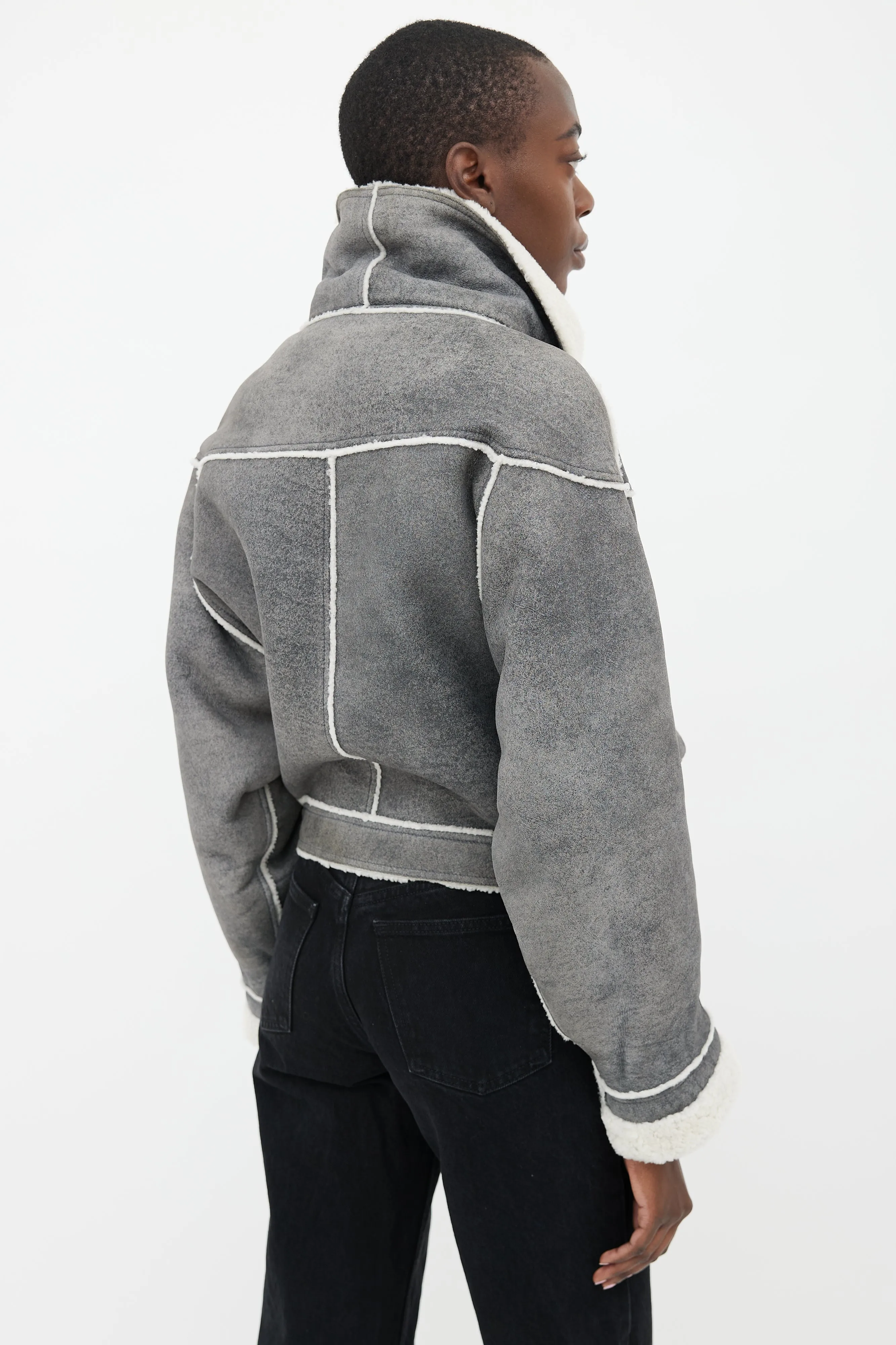 Grey Shearling Cropped Aviator Jacket