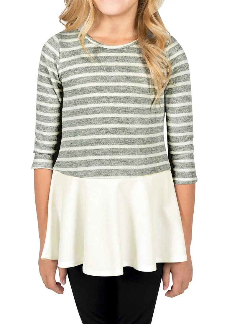 Grey Striped Ruffled Hem Flared Girl Tunic Top