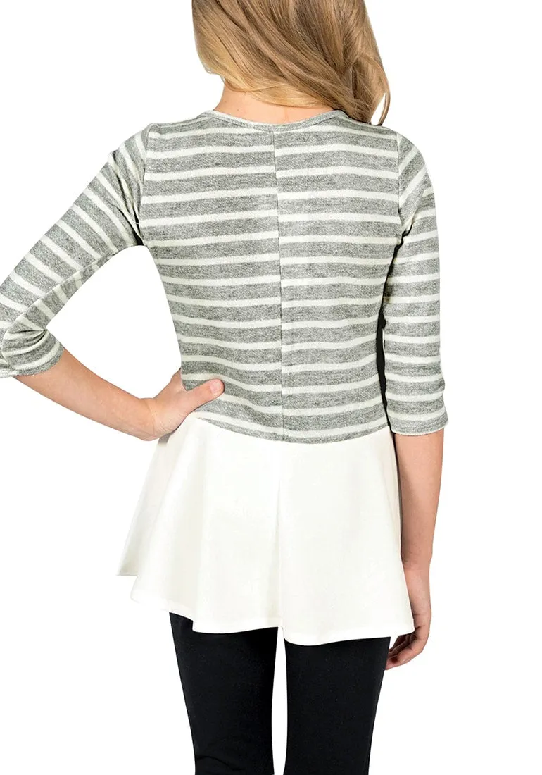 Grey Striped Ruffled Hem Flared Girl Tunic Top