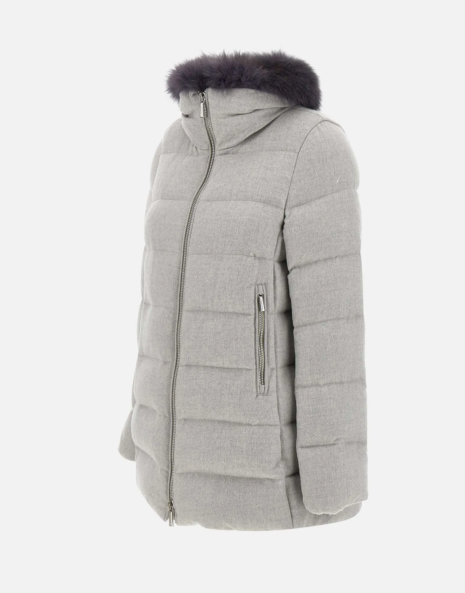 Grey Trapeze Down Coat with Fur