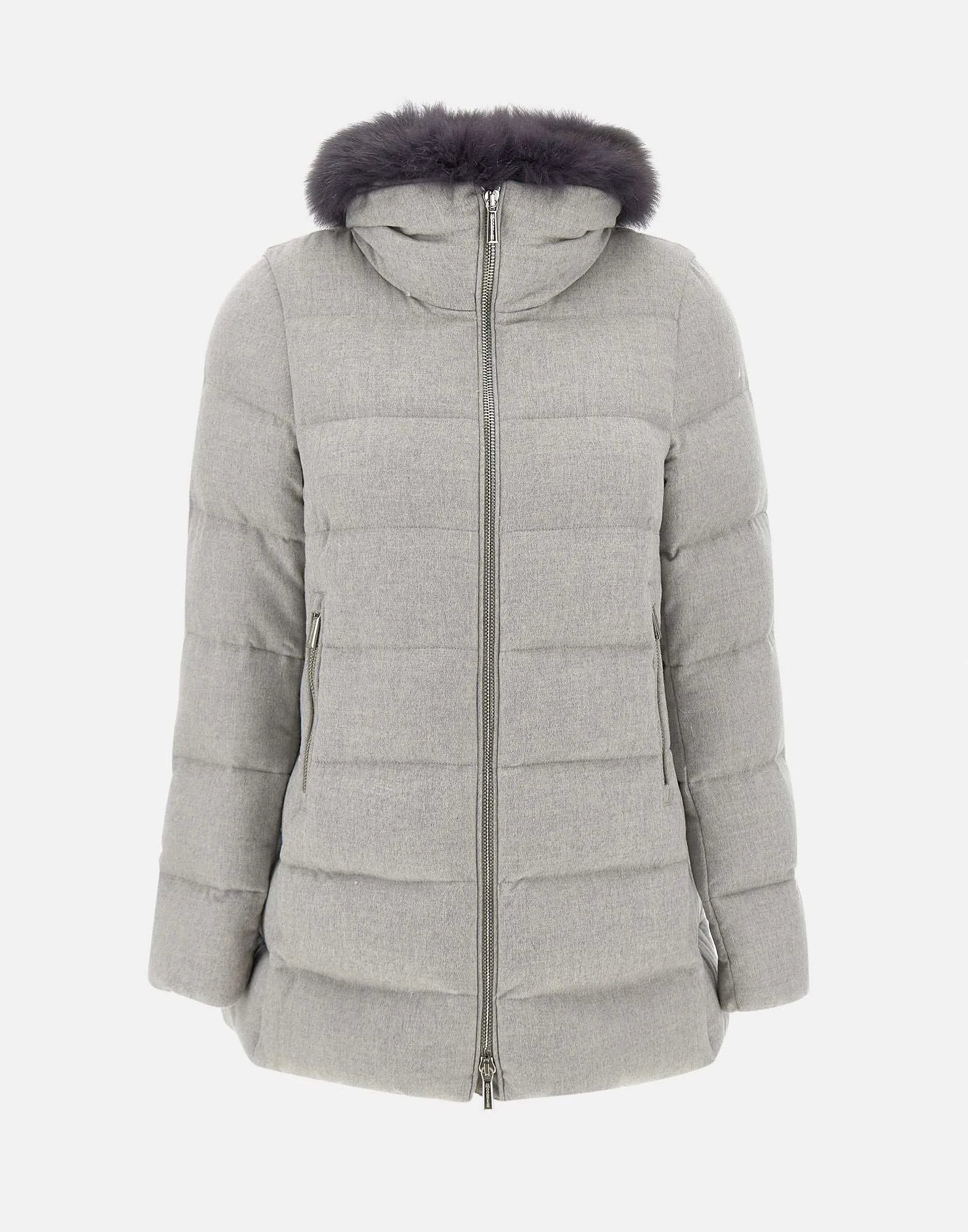 Grey Trapeze Down Coat with Fur