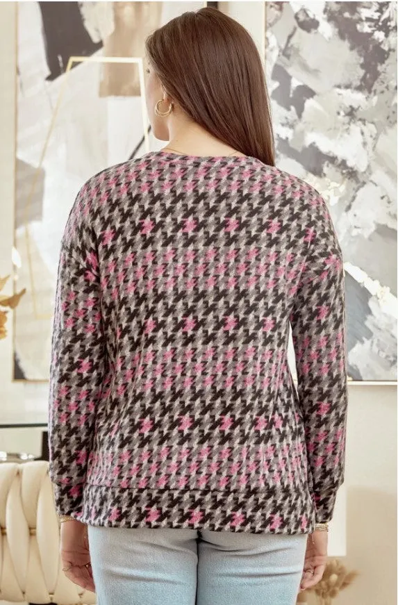 Grey/Hot Pink V-Neck Knit Long Sleeve Top - #7847-7852