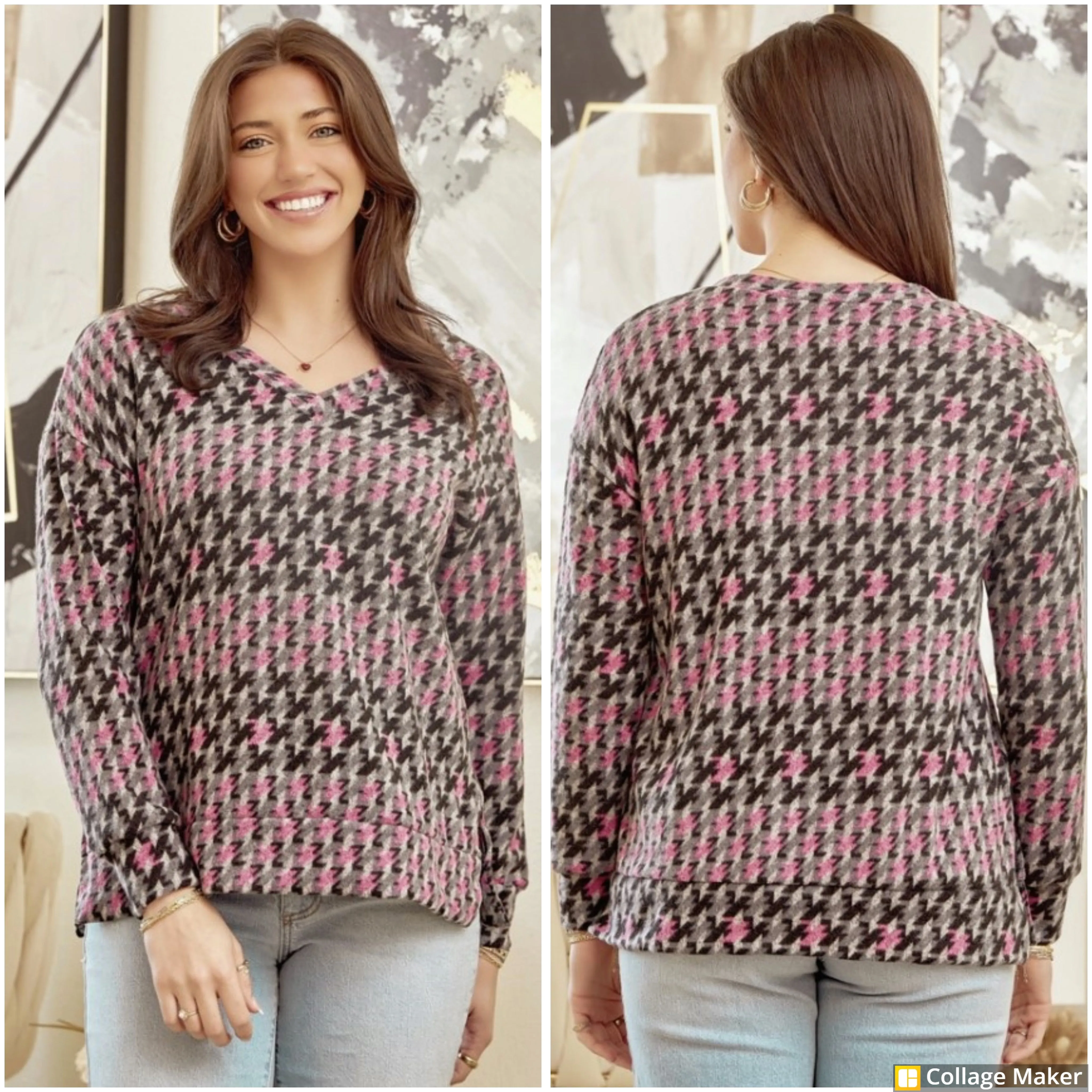 Grey/Hot Pink V-Neck Knit Long Sleeve Top - #7847-7852