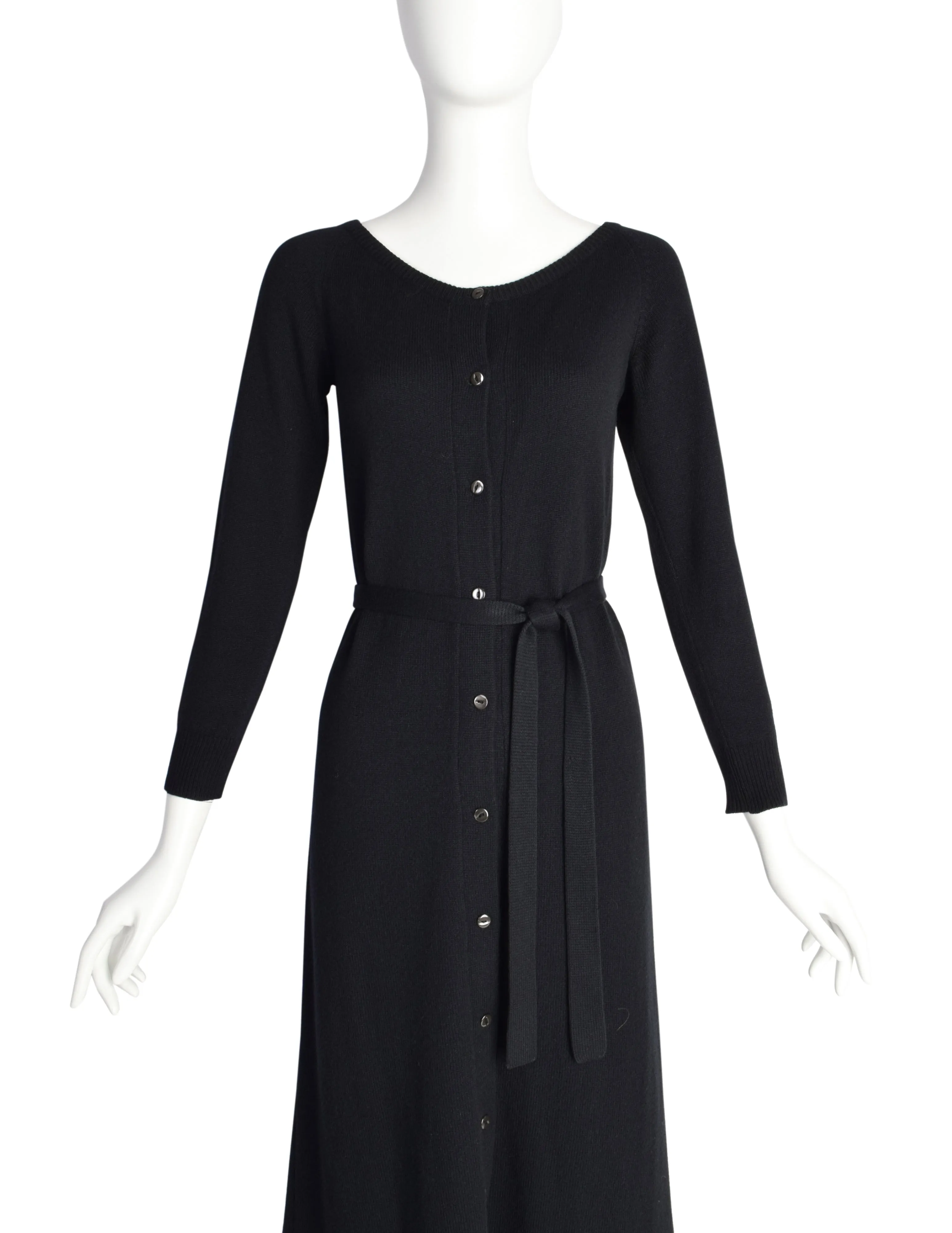 Halston Vintage 1970s Black Cashmere Button Up Sweater Dress