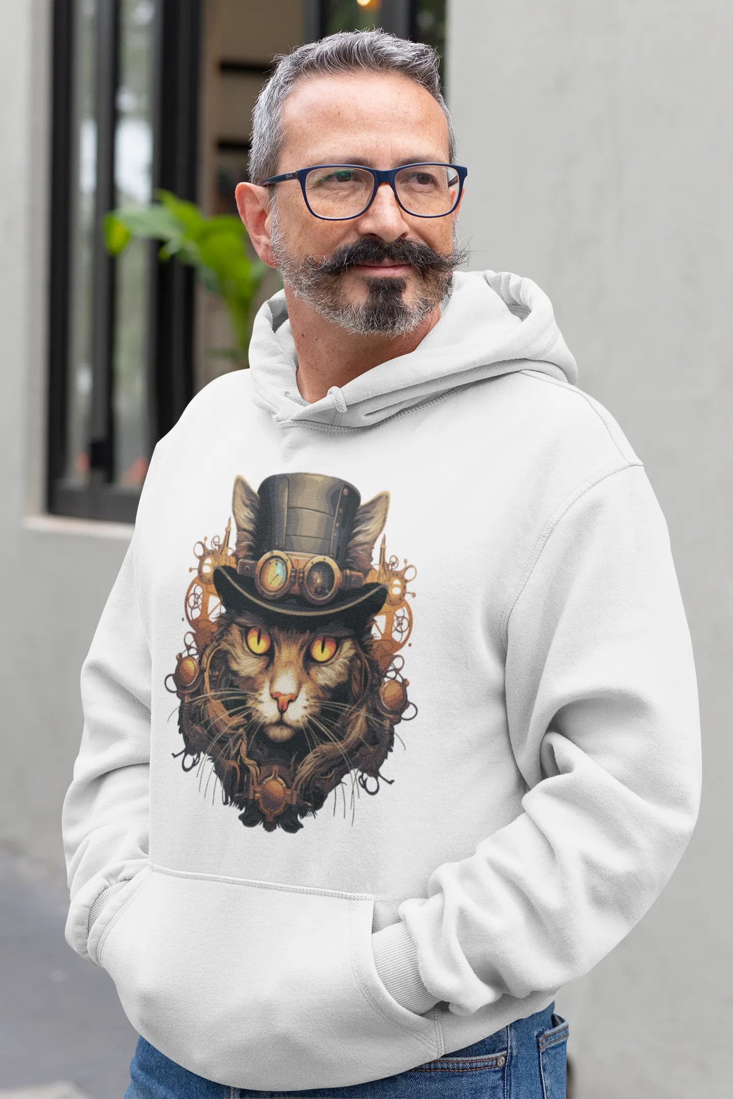 Herren Hoodie mit Katzenmotiv "Steampunk Cat"