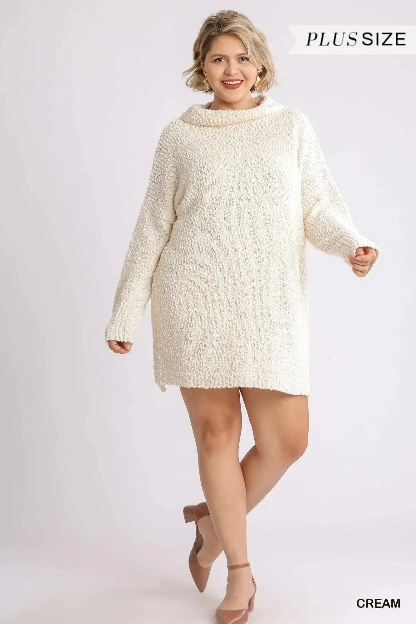 High Cowl Neck Bouclé Long Sleeve Sweater Dress | Plus