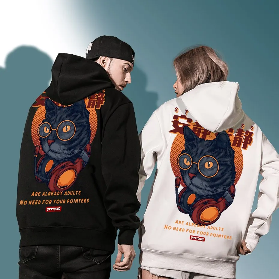 Hoodie Sweatshirt Harajuku Funny Japanese Rubbing Bath Cats Print long Sleeve Sweatshirt  Hip Hop Casual Streetwear Men Hoodie