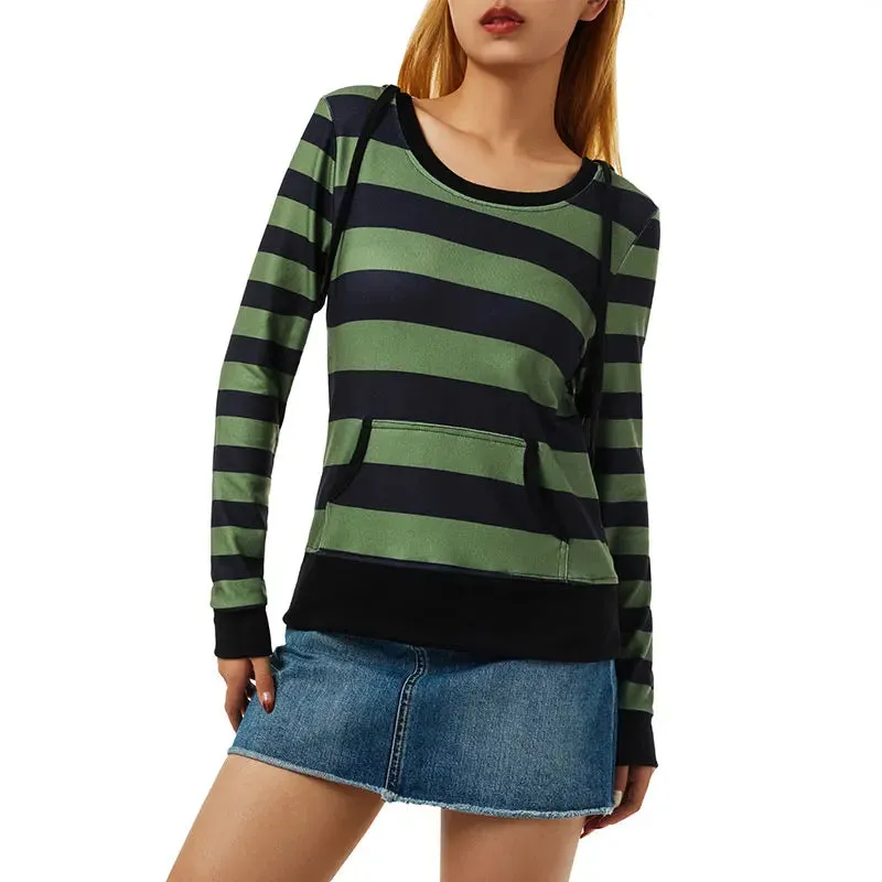 Hoodies Long Sleeve Pockets Striped Hooded Drawstring Tunic T-shirt