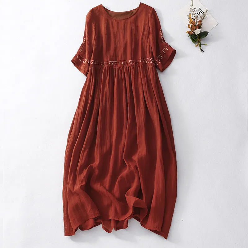 IKEARLAX  Summer New round Neck Short Sleeve Cotton and Linen Dress Artistic Retro Loose Embroidery Ramie Swing Long Dress