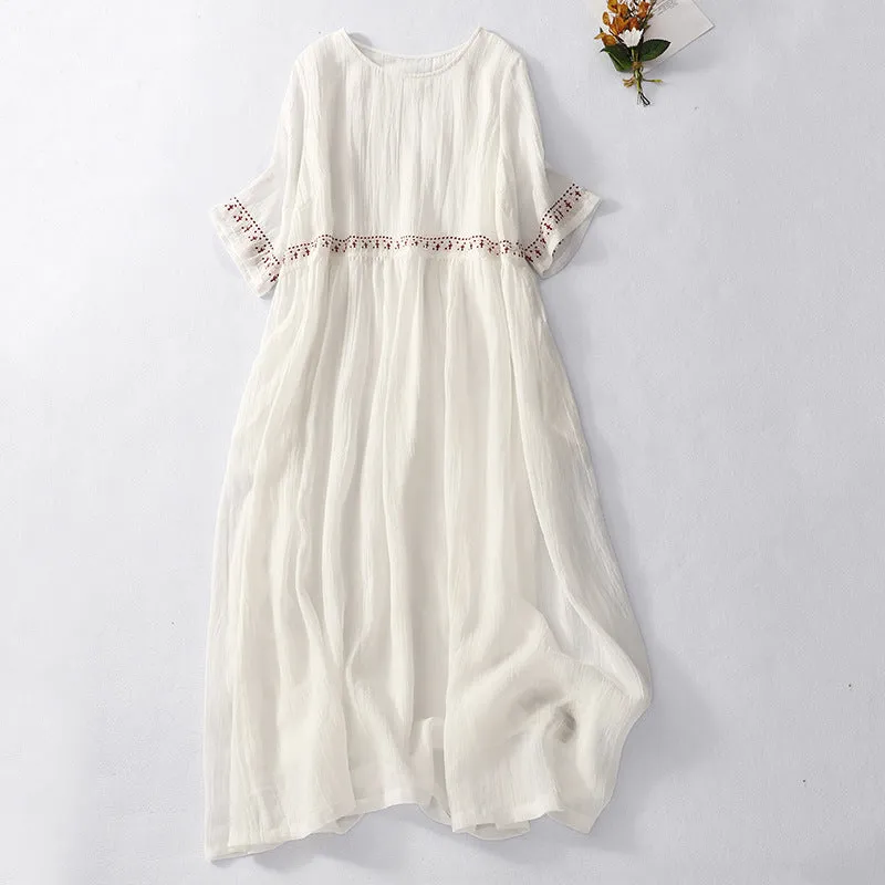 IKEARLAX  Summer New round Neck Short Sleeve Cotton and Linen Dress Artistic Retro Loose Embroidery Ramie Swing Long Dress