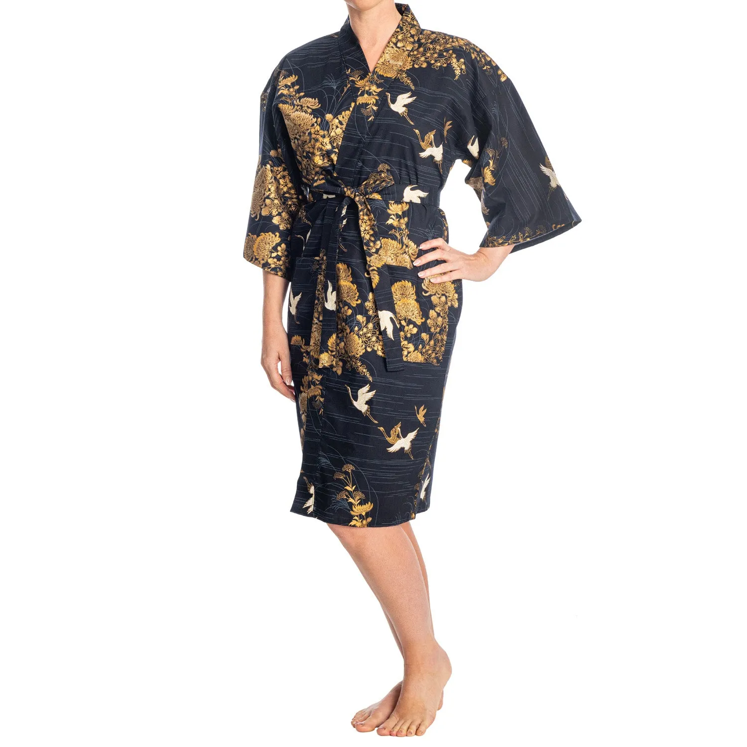 Japanese Kimono Crane Print Short Navy