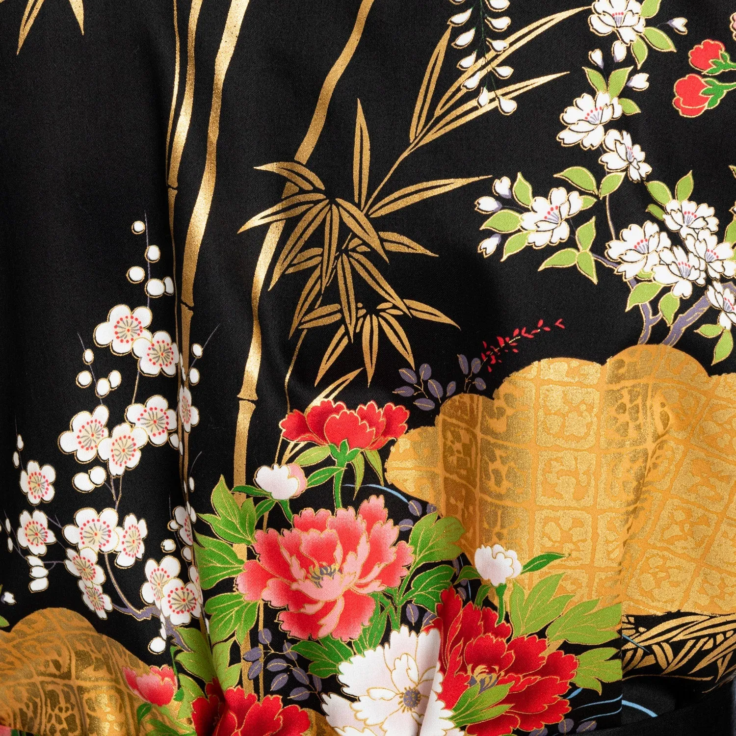 Japanese Kimono Floral Print Short Black