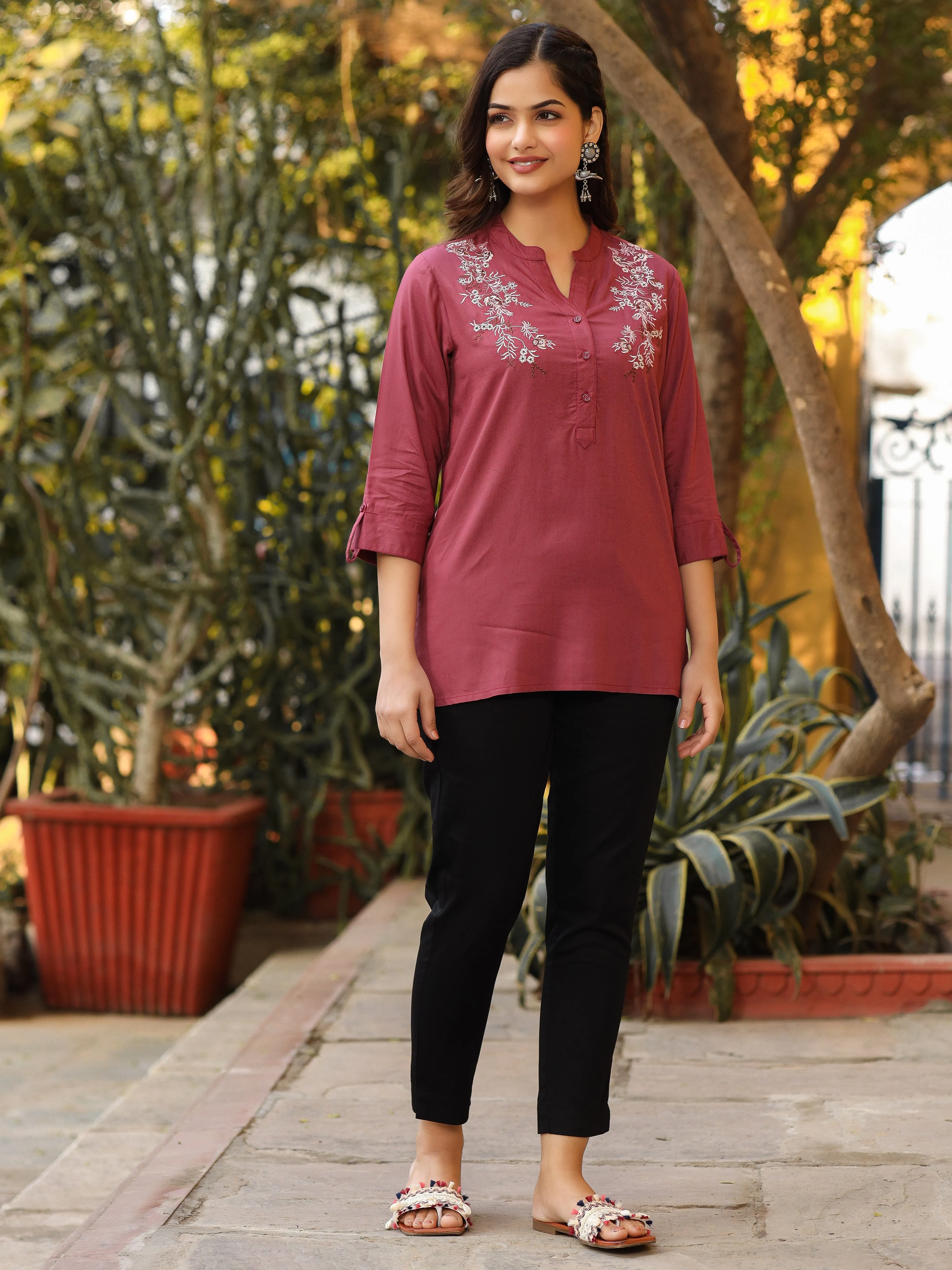 Jashvi Onion Pink Modal Rayon Embroidered Tunic