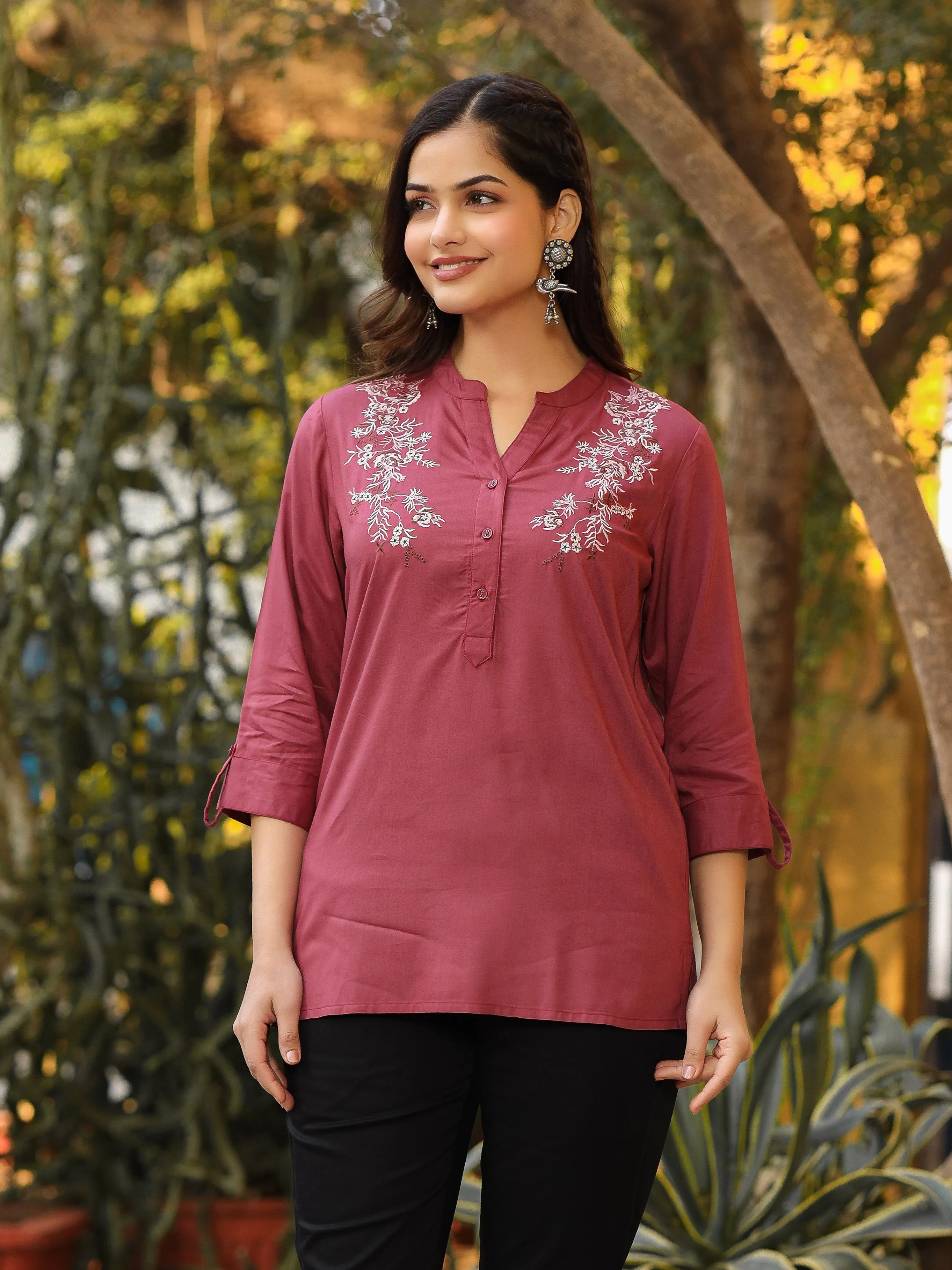 Jashvi Onion Pink Modal Rayon Embroidered Tunic