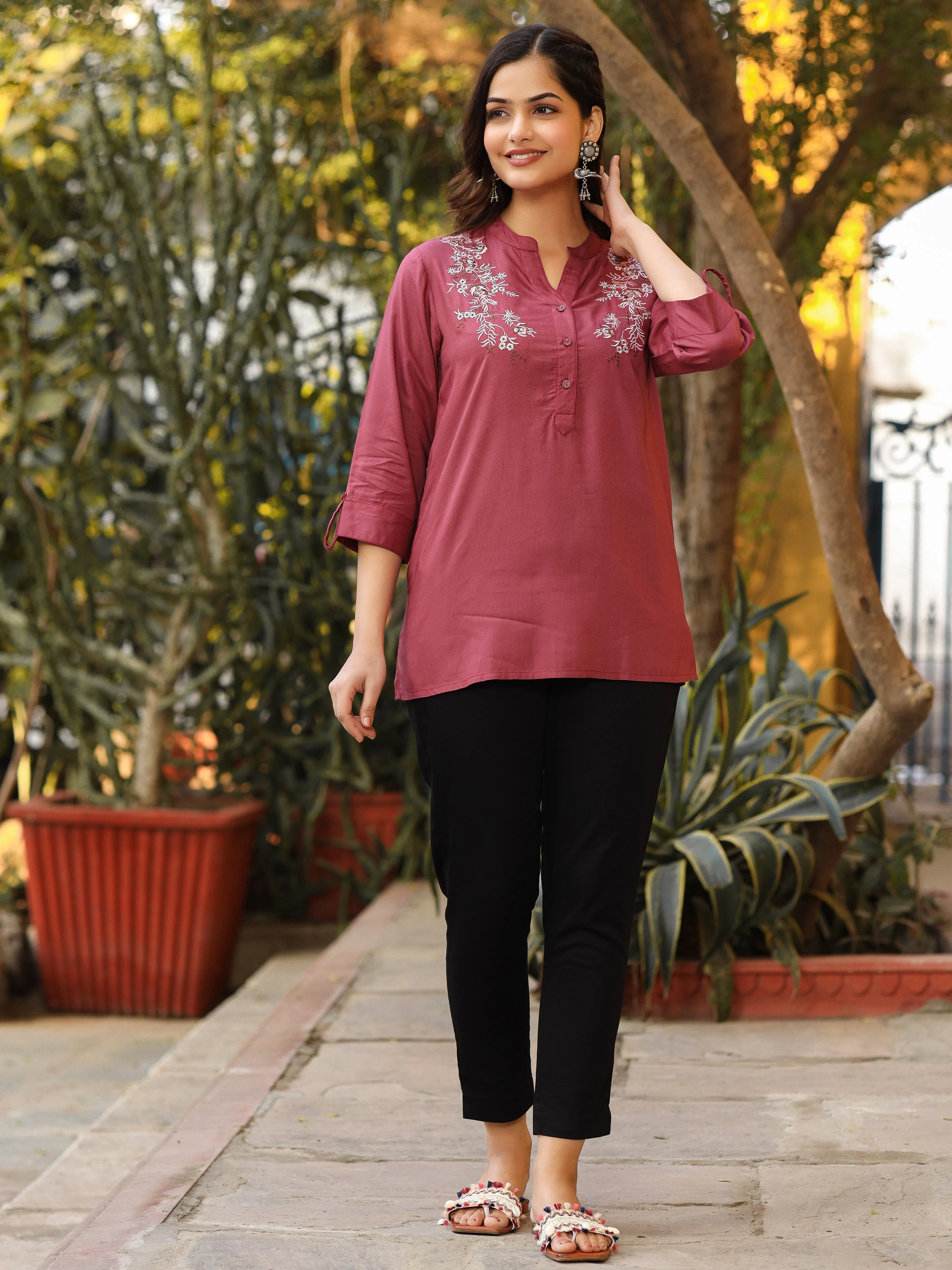 Jashvi Onion Pink Modal Rayon Embroidered Tunic