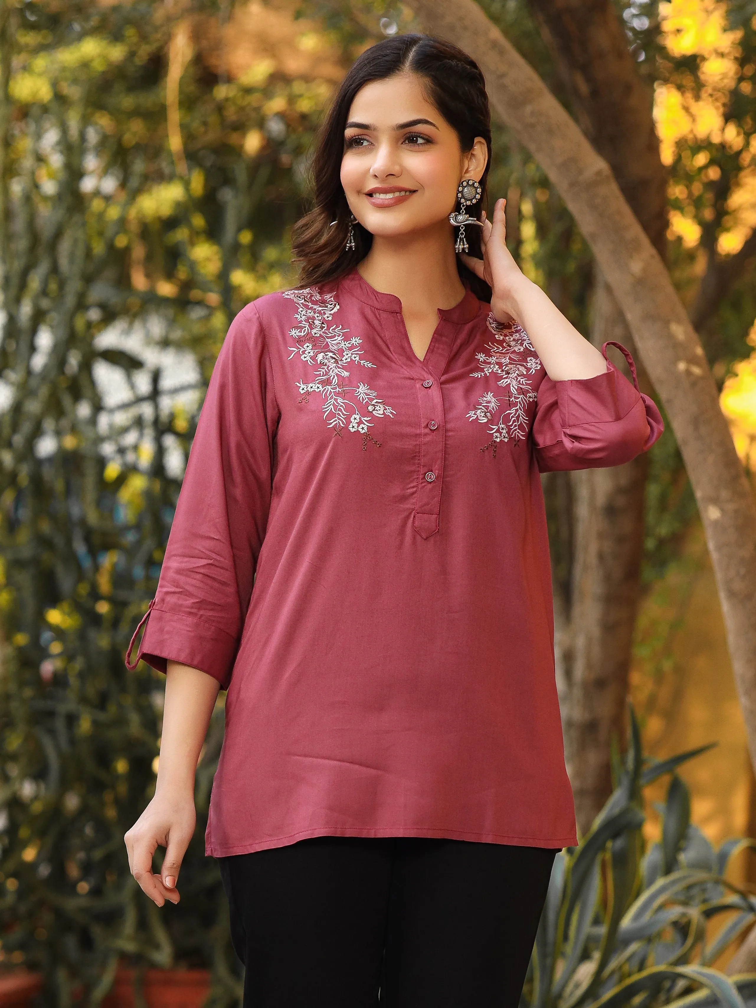 Jashvi Onion Pink Modal Rayon Embroidered Tunic