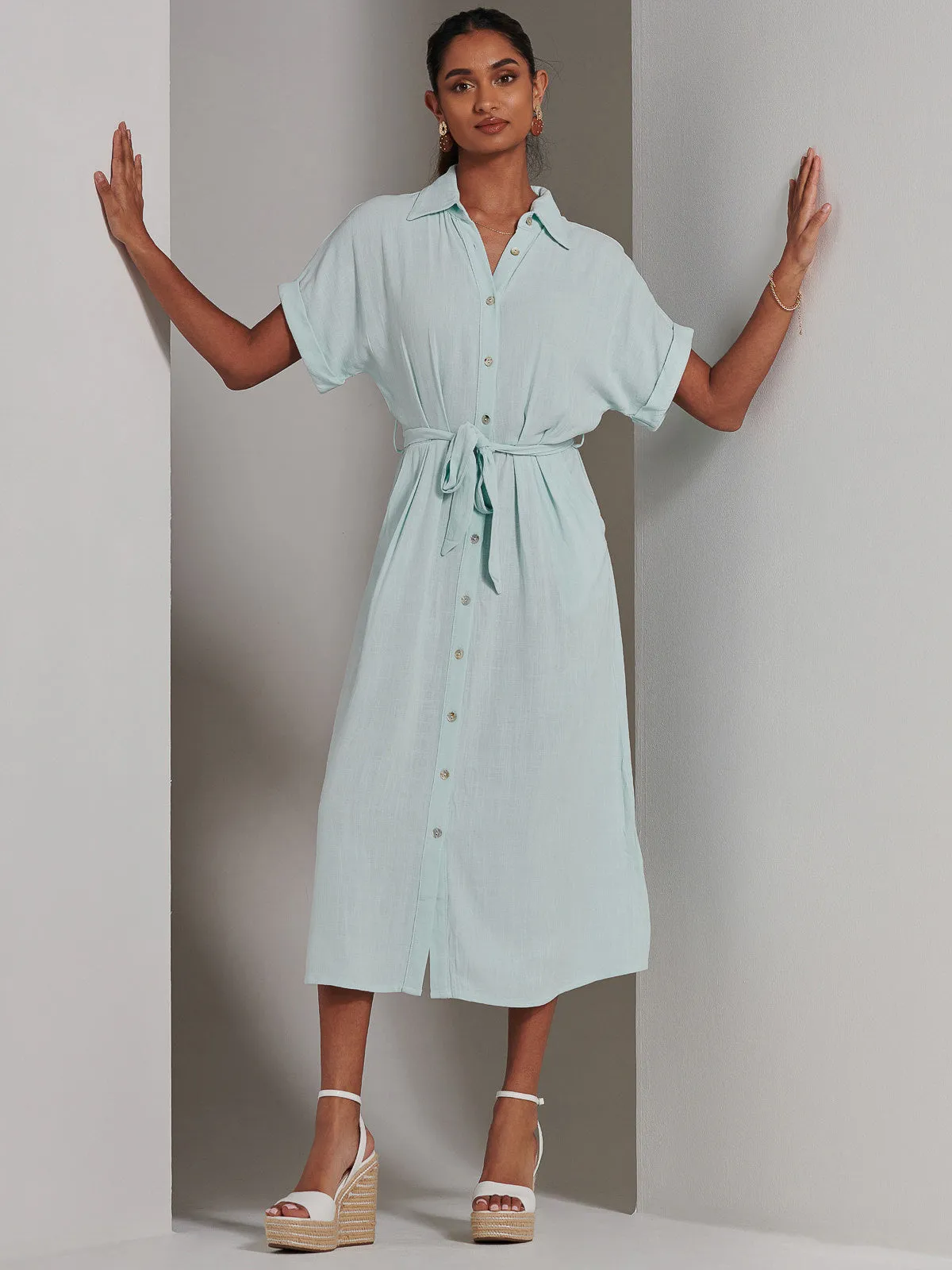 Jessie Linen Shirt Midi Dress, Light Blue