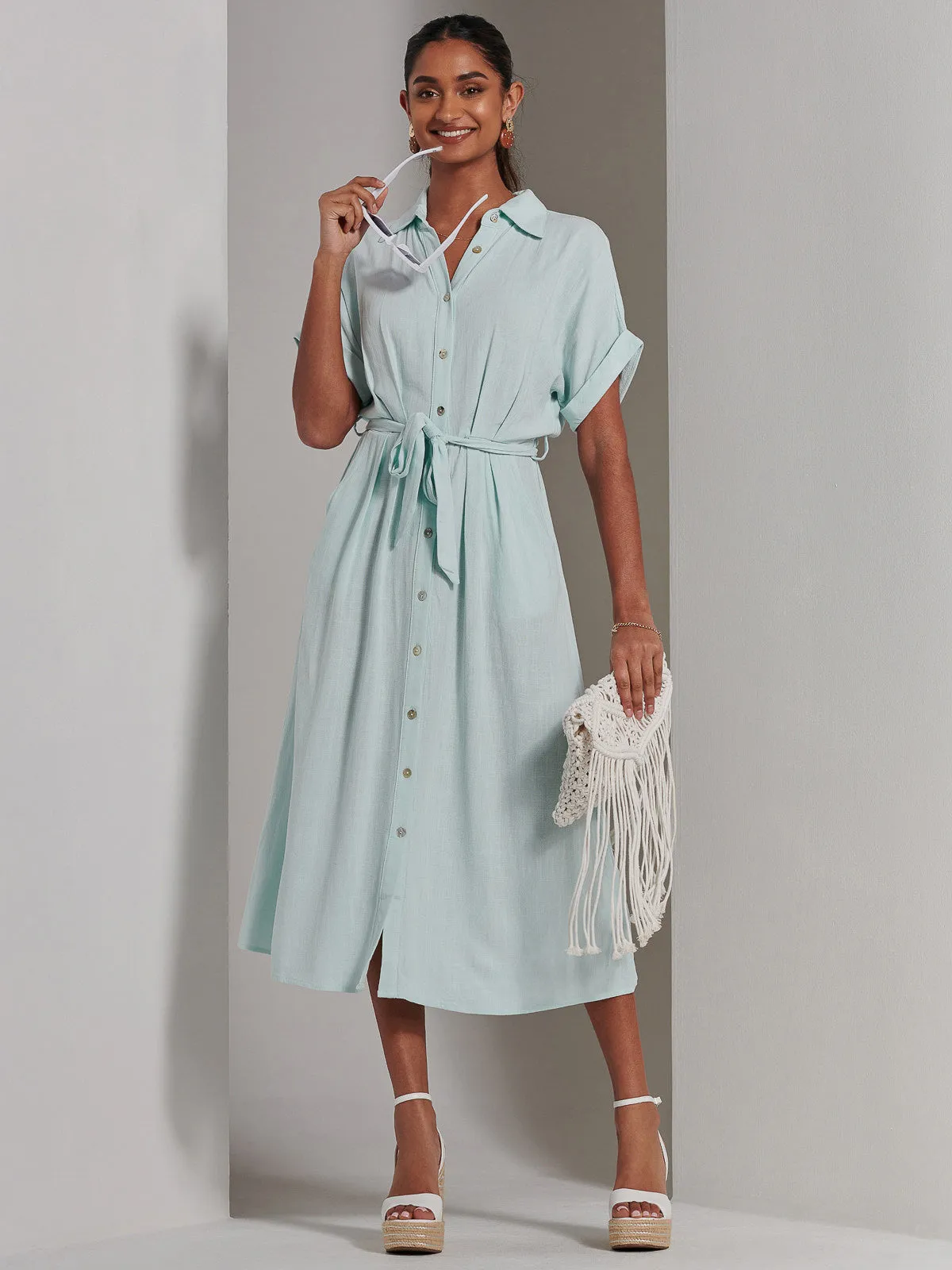 Jessie Linen Shirt Midi Dress, Light Blue