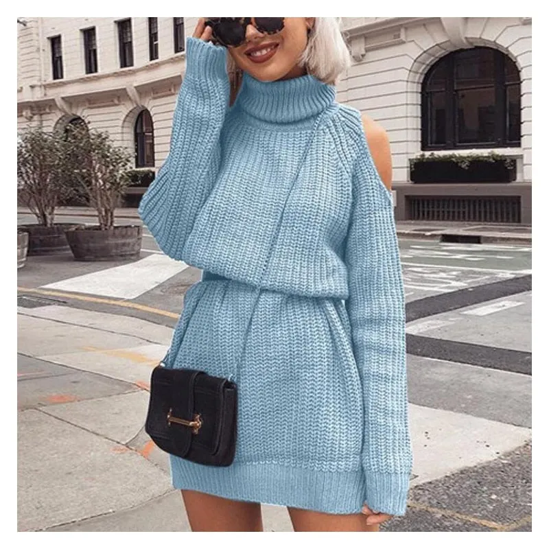 Knitwear Women's Dress Sweater 2020 Autumn and Winter New Casual Mid Length Turtleneck Off Shoulder Dress Female Solid Color