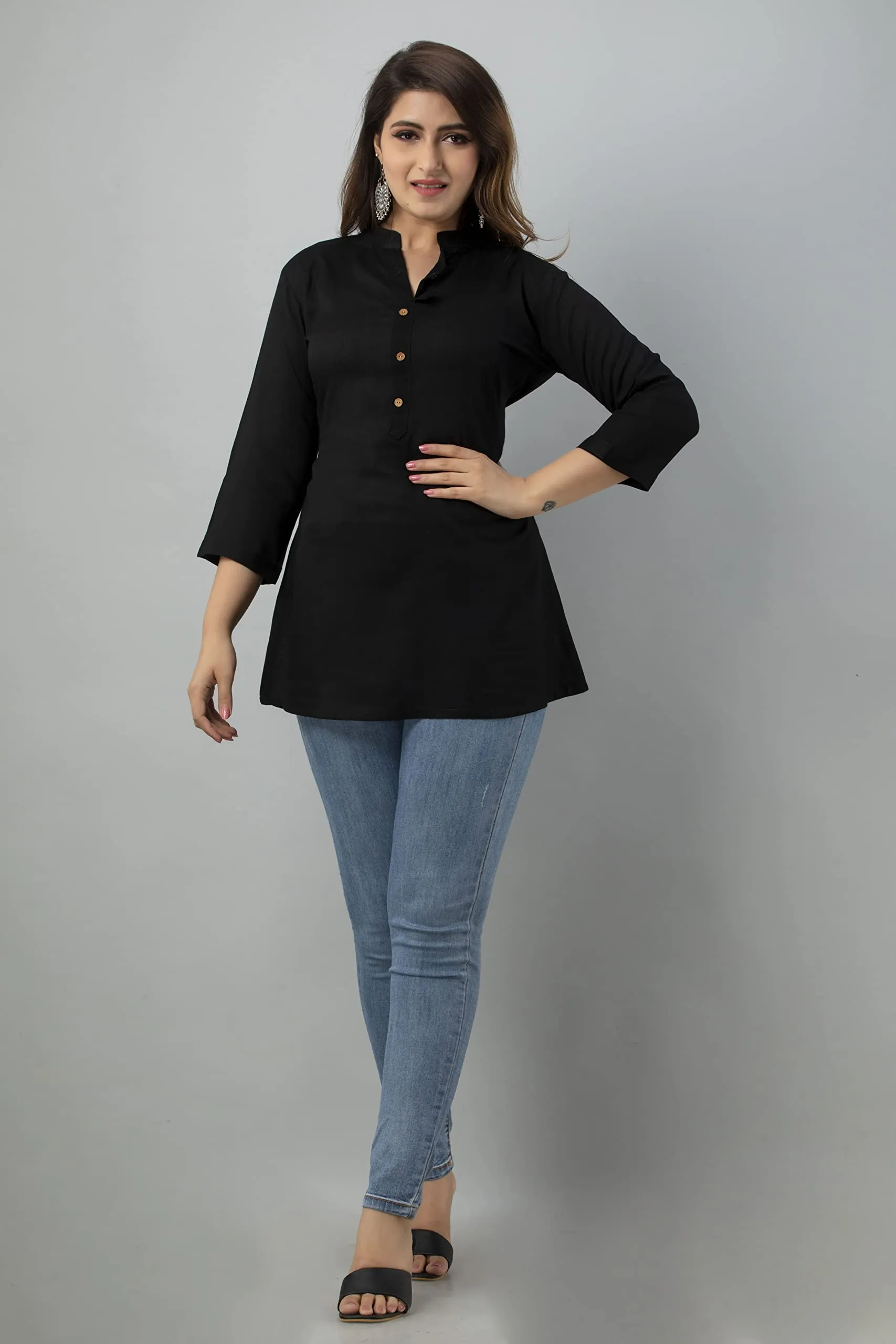 Kyraa Women Solid Tunic Top - Jeans Top - Fully Stitched 3/4 Sleeve - Solid Color - Regular Fit - Office Wear Festival - Tunic Tops for Jeans (3XL) Black