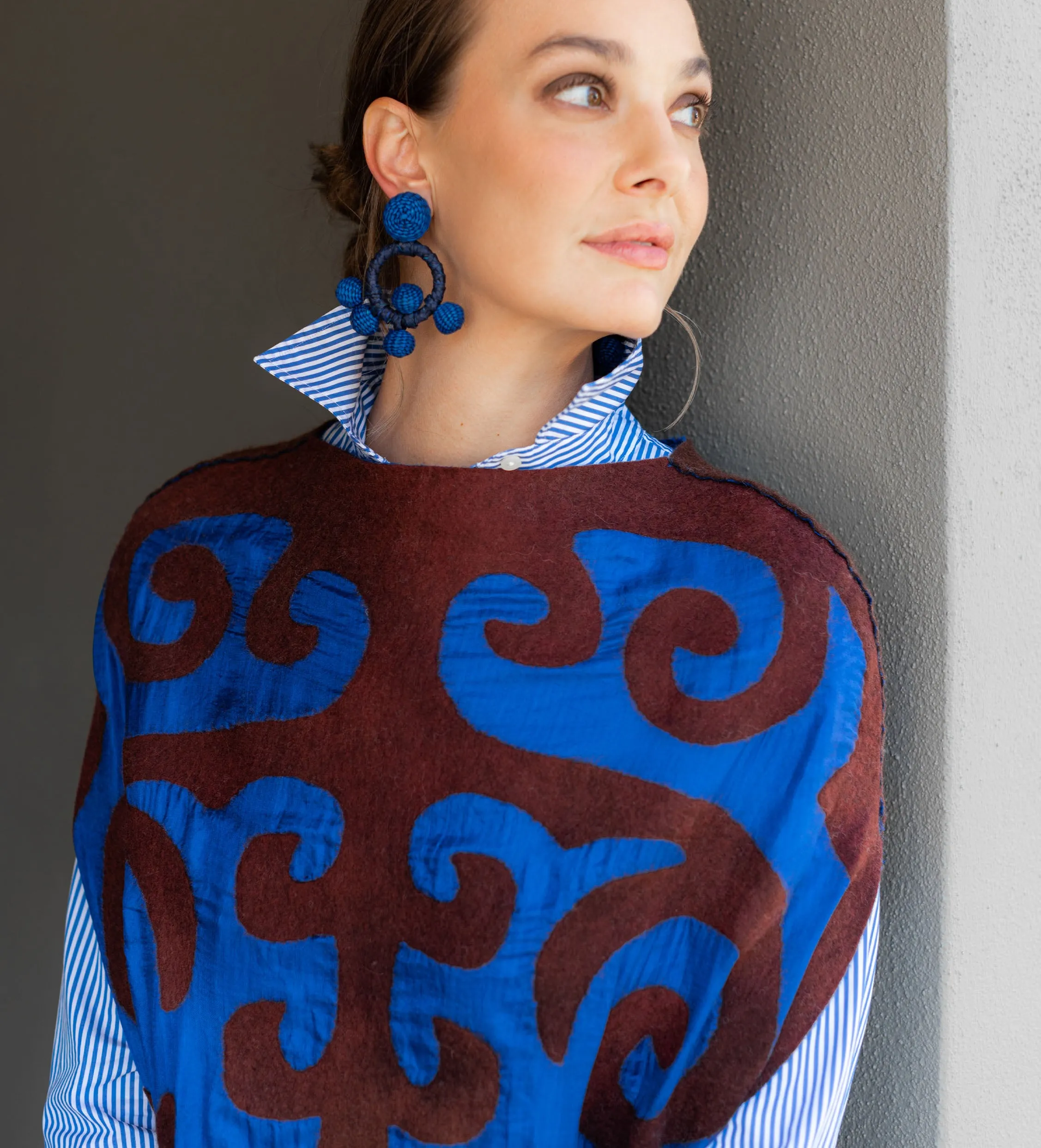 Kyrgyz Felted Tunic: Chocolate on Blue