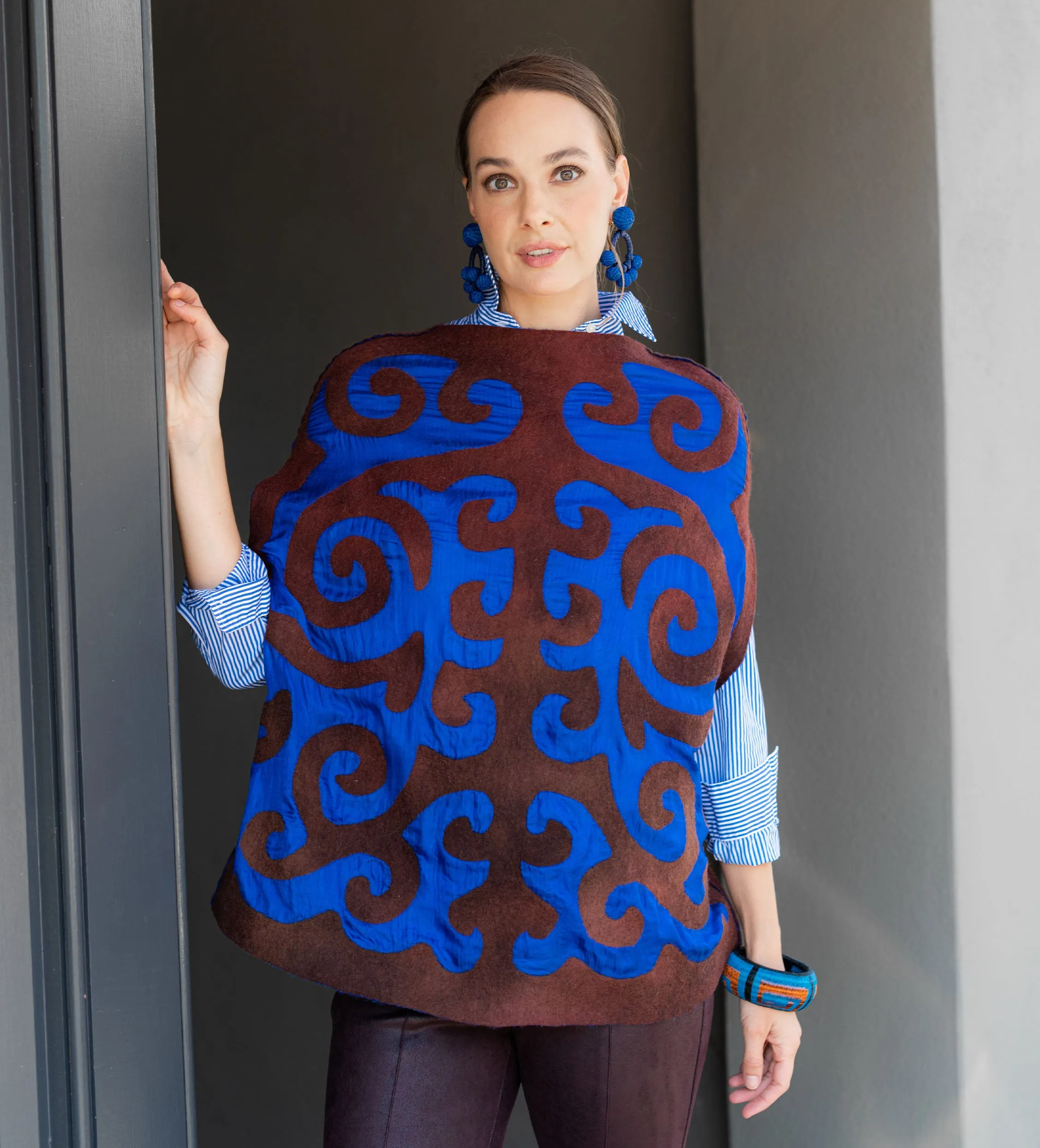 Kyrgyz Felted Tunic: Chocolate on Blue