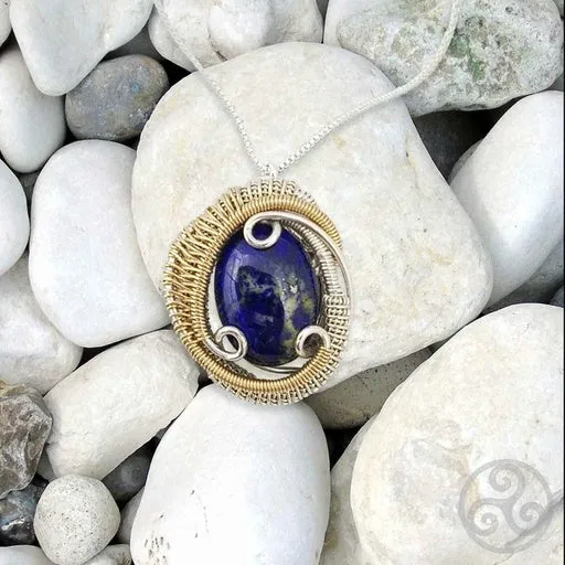 Lapis Lazuli Wire Wrapped Silver and Gold Mini Pendant