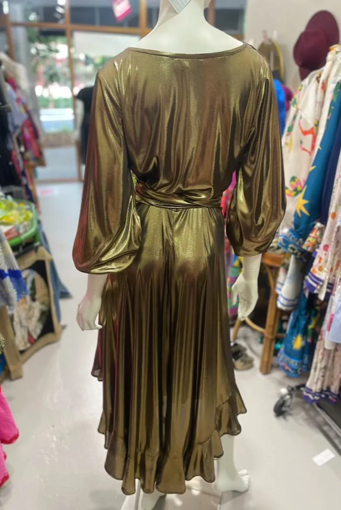 Lara Wrap Frill Dress with Long sleeves in Metallic Gold