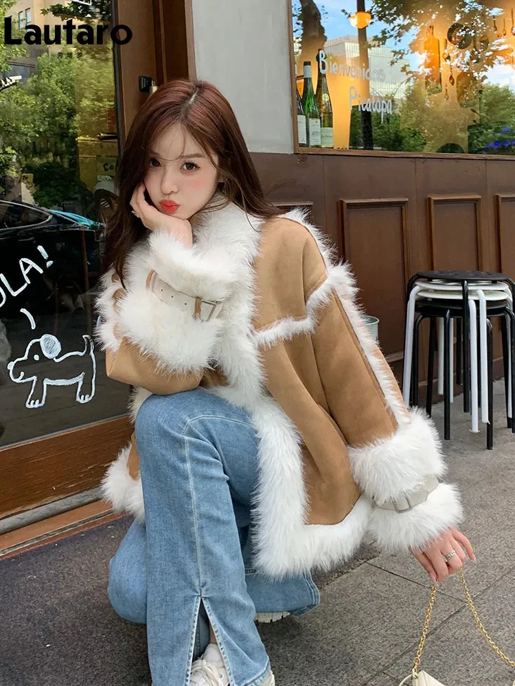 Lautaro Autumn Winter Oversized Soft Thick Warm Soft Faux Sheepskin Coat Women with Fur Trim Loose Casual Fluffy Jacket