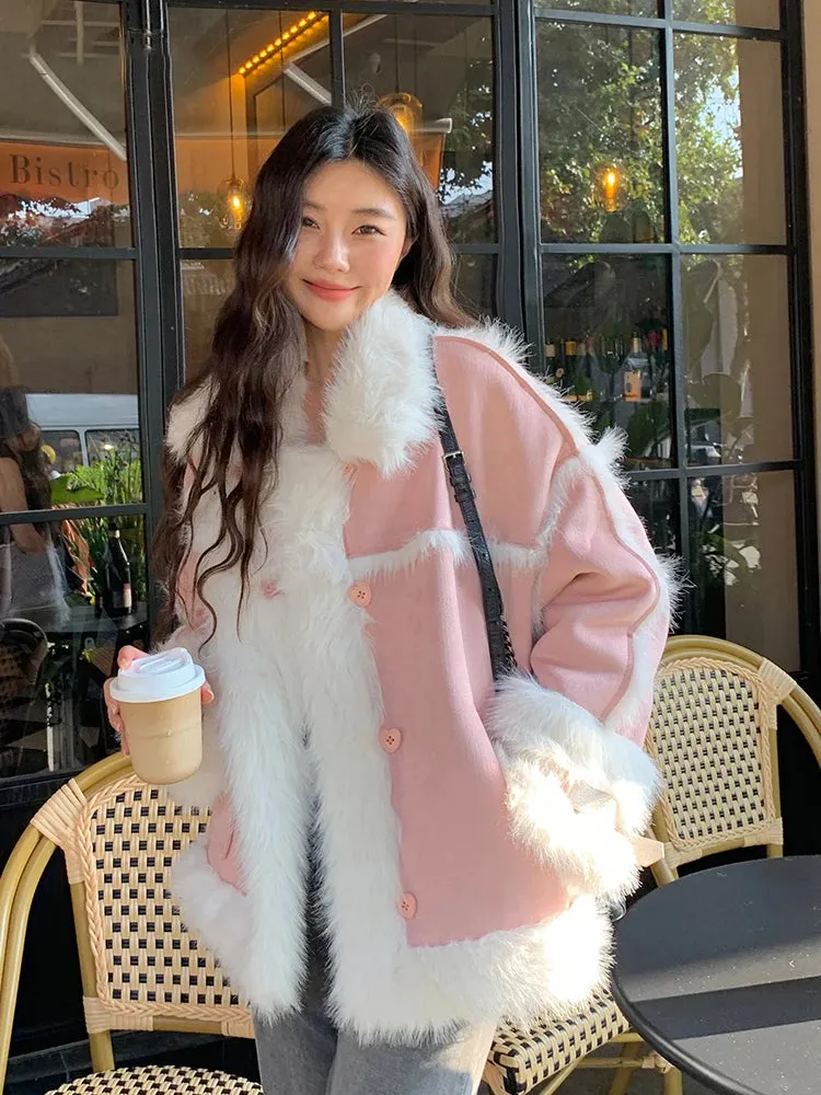 Lautaro Autumn Winter Oversized Soft Thick Warm Soft Faux Sheepskin Coat Women with Fur Trim Loose Casual Fluffy Jacket