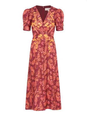 Lea Long Dress in Ruby Paisley Embroidery