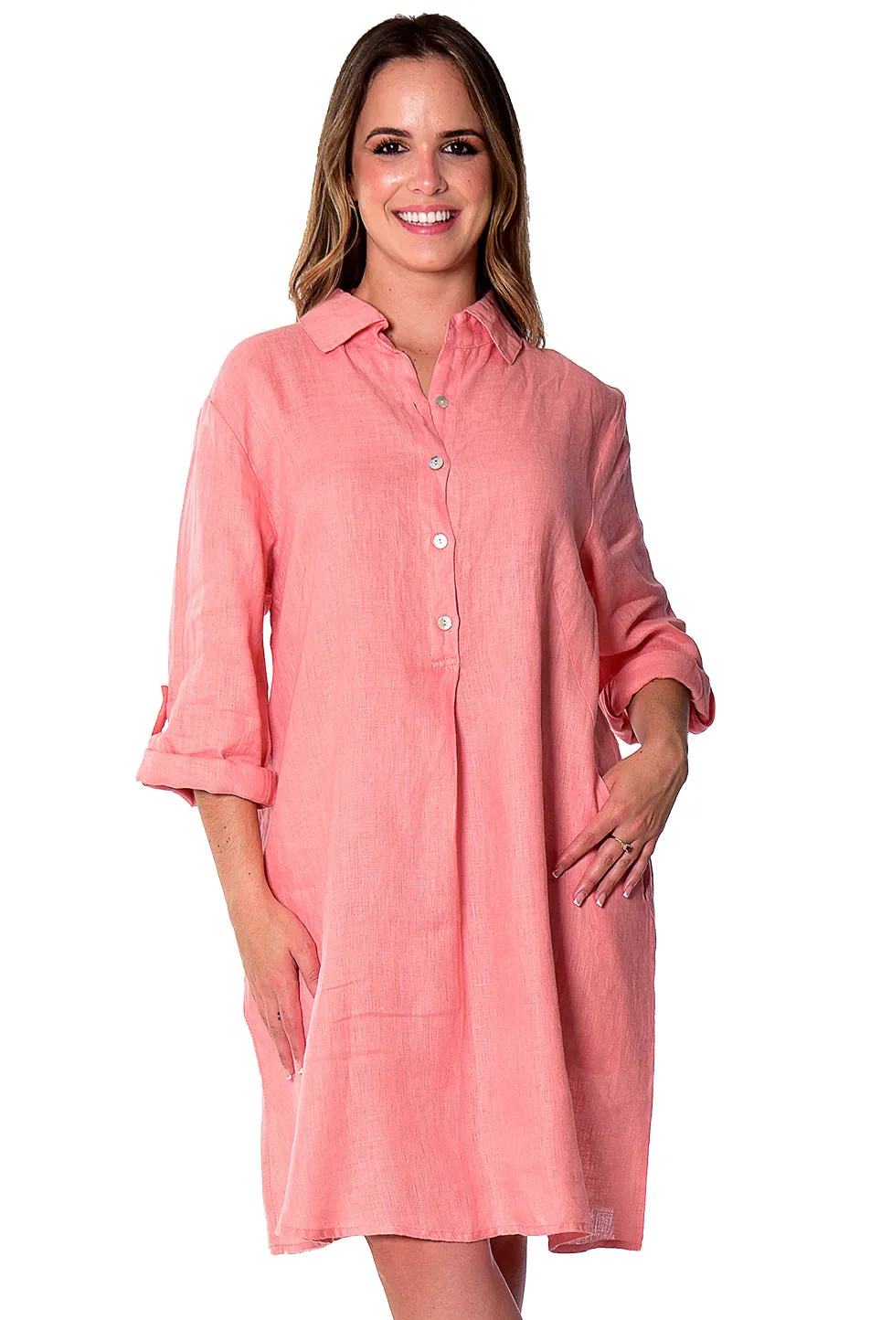 Linen Roll-Up Sleeve Tunic Dress by AZUCAR - LLWD2078