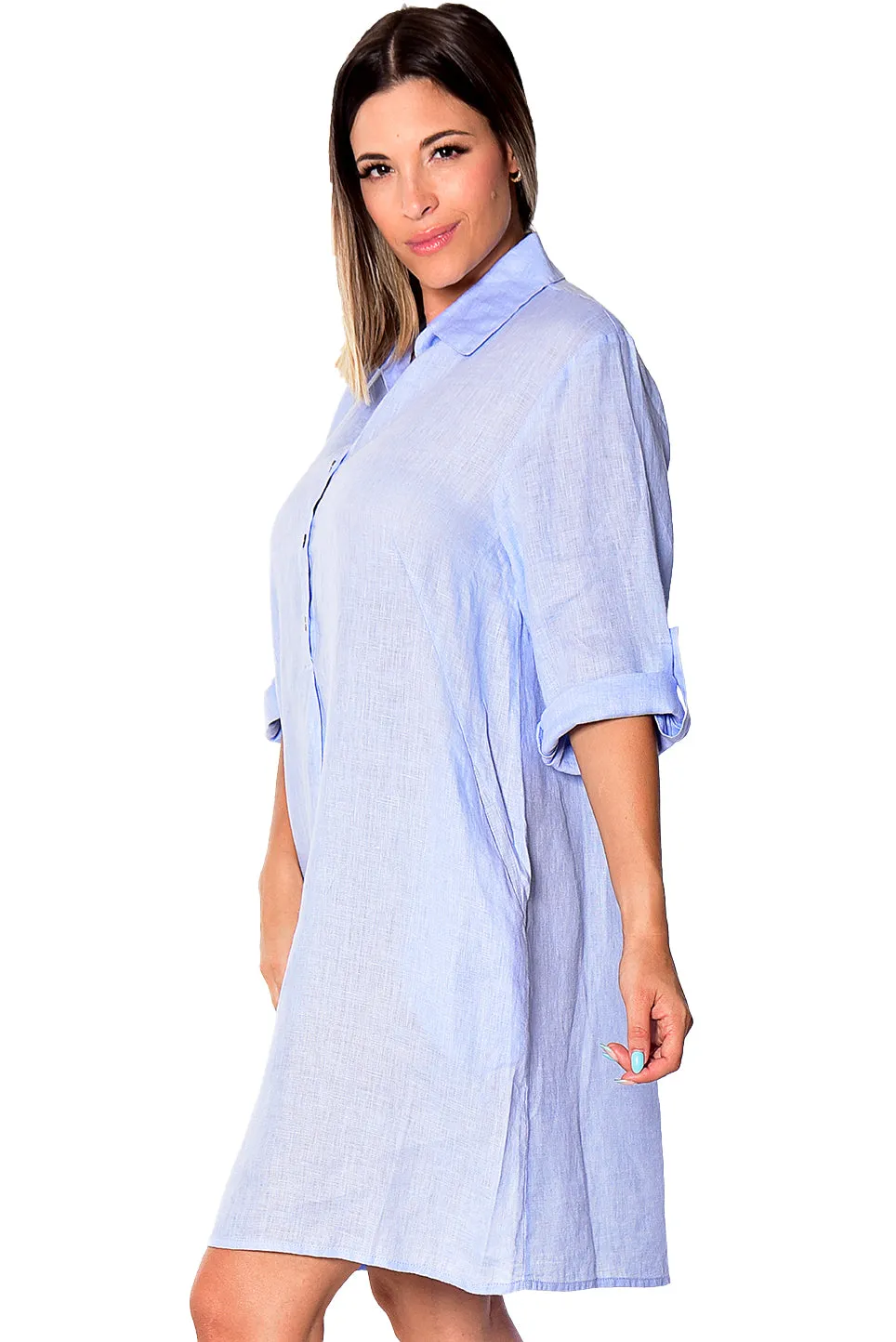 Linen Roll-Up Sleeve Tunic Dress by AZUCAR - LLWD2078