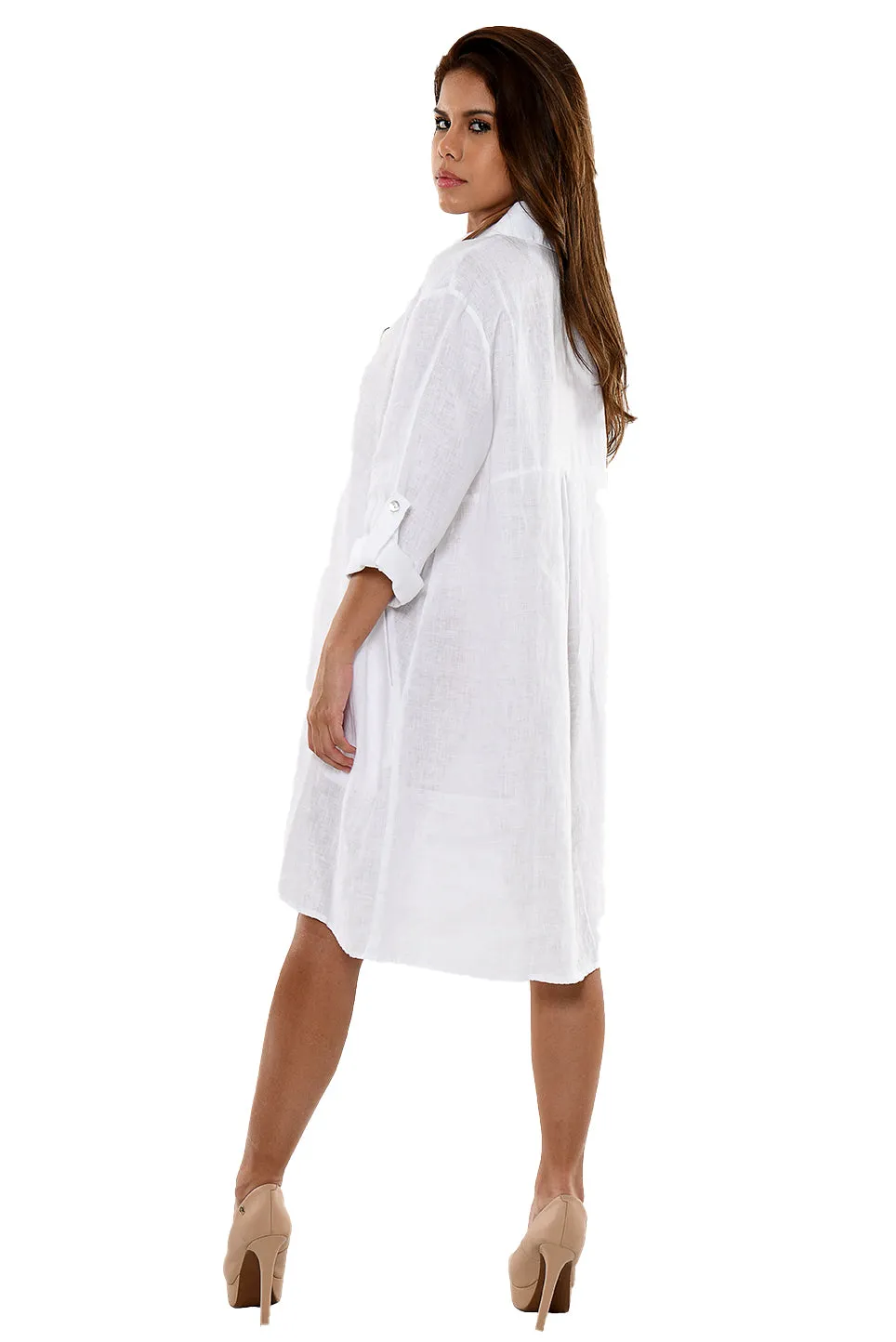 Linen Roll-Up Sleeve Tunic Dress by AZUCAR - LLWD2078