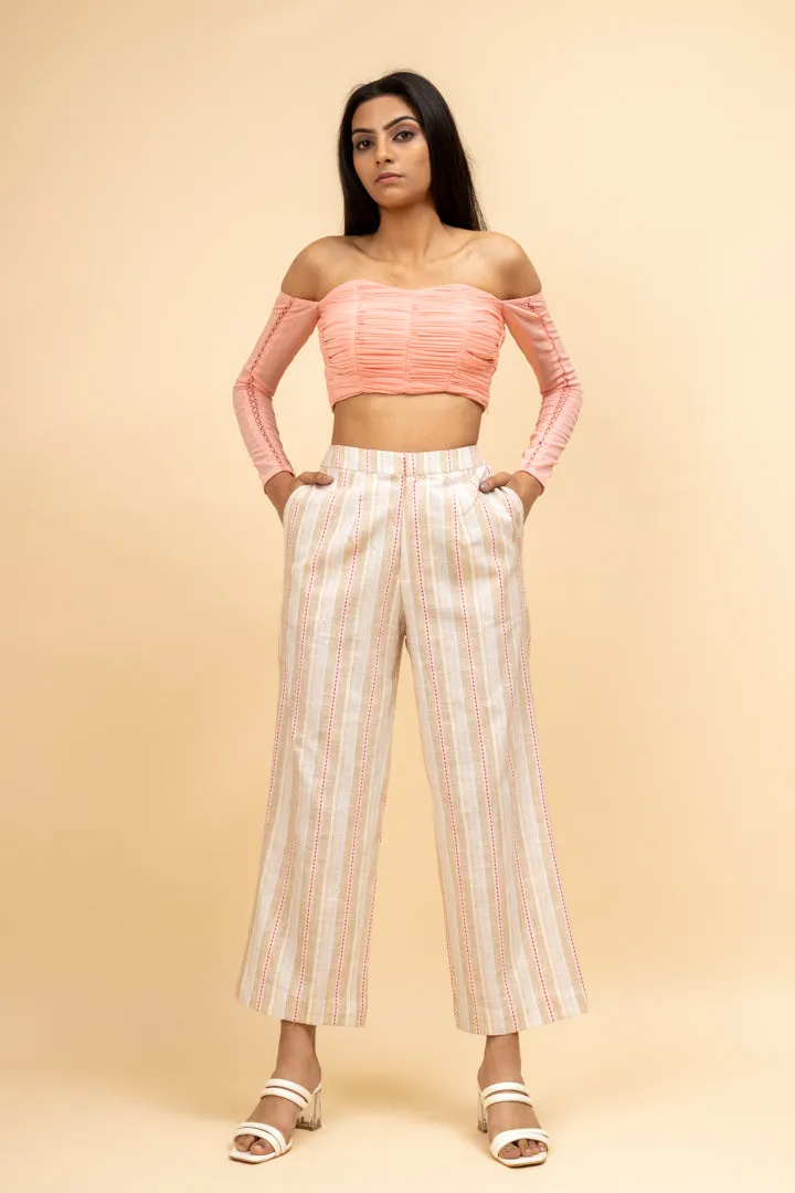 Linen Striped Beige Work Flared Pant