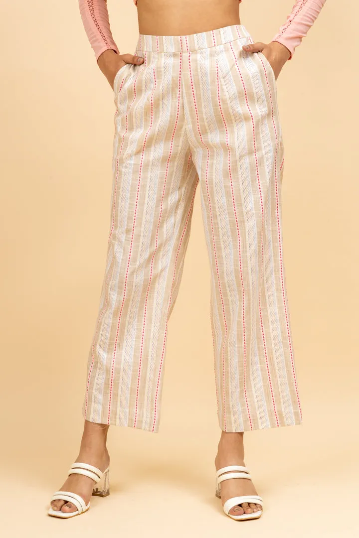 Linen Striped Beige Work Flared Pant