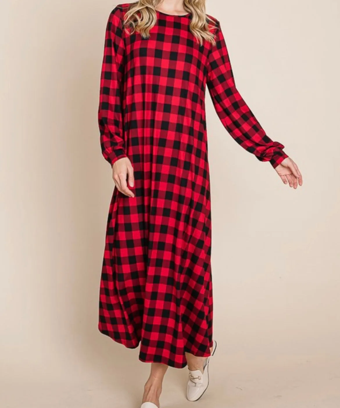 Liza Lou's BomBom Flowy Christmas Black and Red Buffalo Check Dress