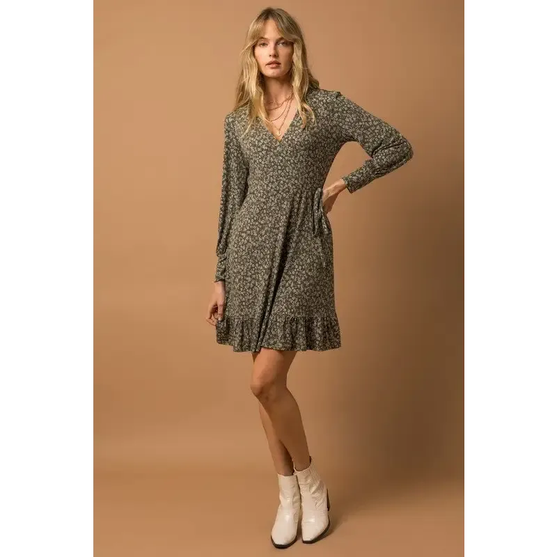 Long Sleeve Faux Wrap Ruffle Hem Dress