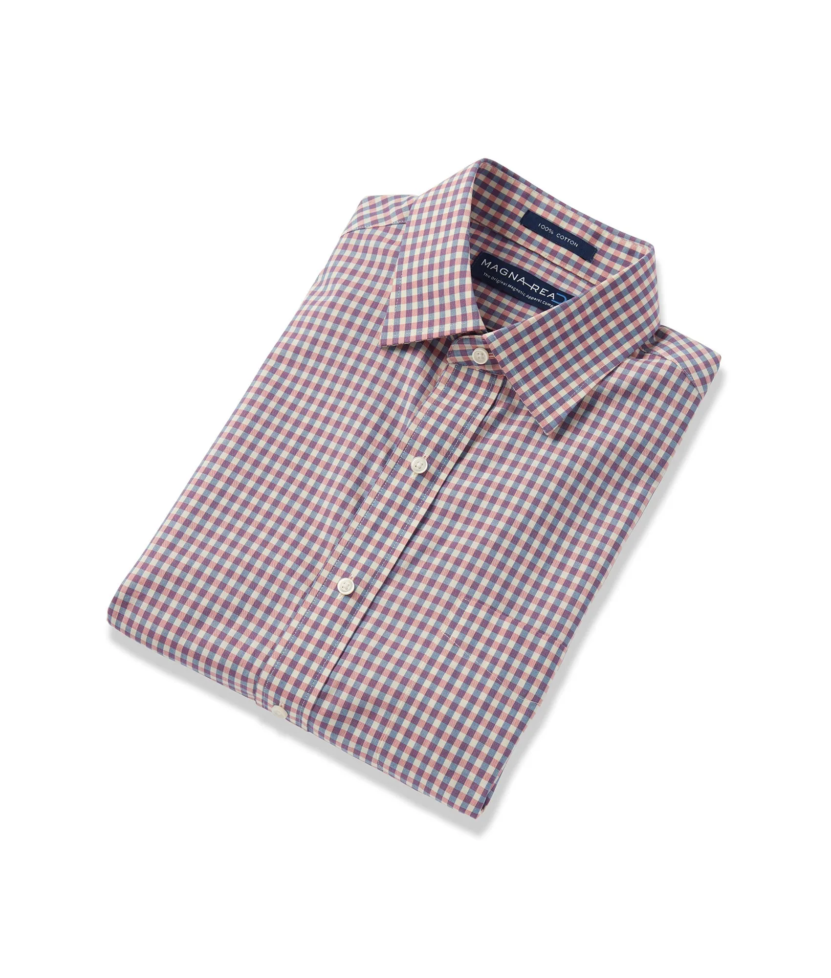 Long Sleeve Light Red Multi Gingham Poplin Pattern ‘Ryan’ Dress Shirt with Magnetic Closures