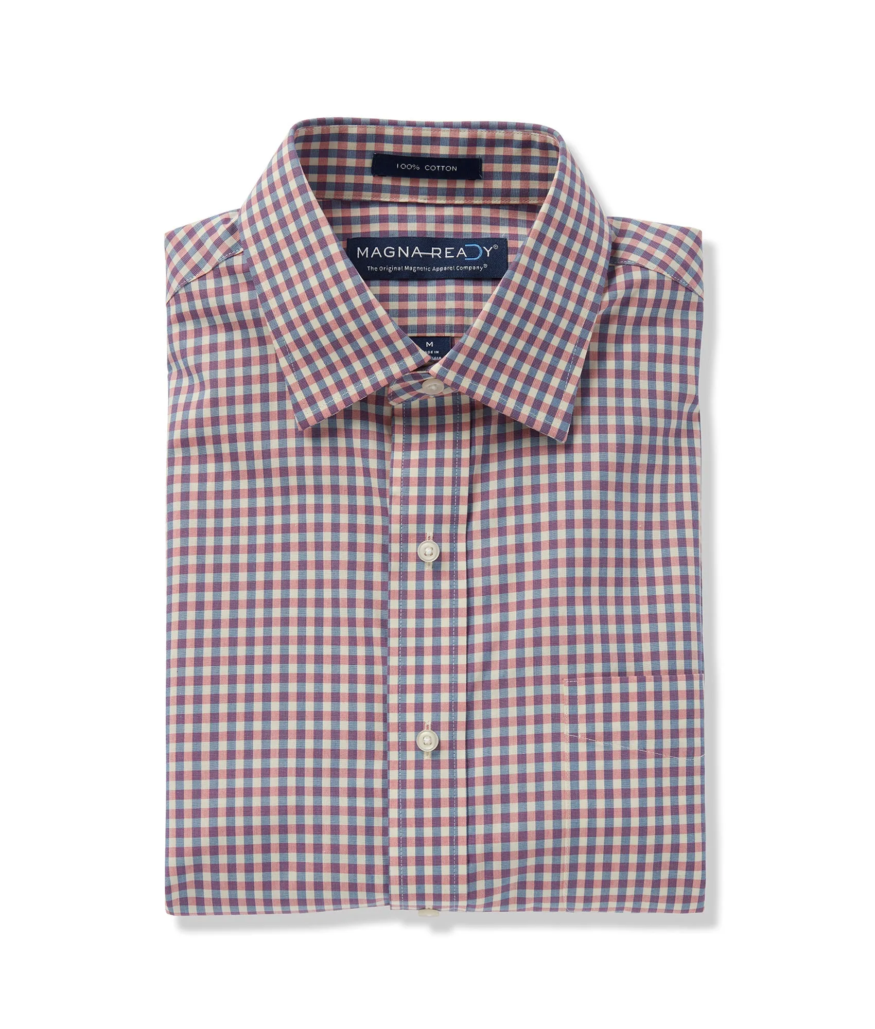 Long Sleeve Light Red Multi Gingham Poplin Pattern ‘Ryan’ Dress Shirt with Magnetic Closures