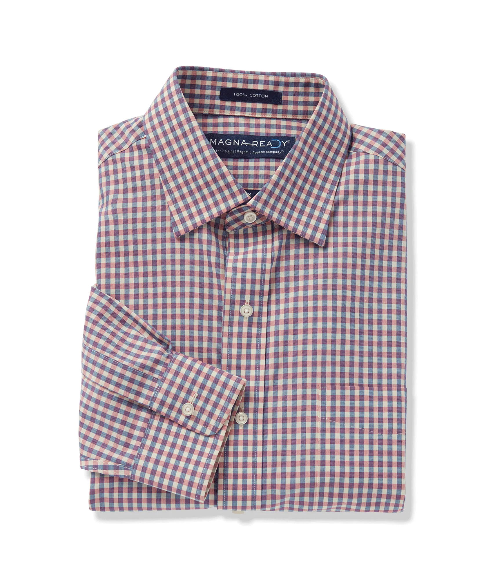 Long Sleeve Light Red Multi Gingham Poplin Pattern ‘Ryan’ Dress Shirt with Magnetic Closures