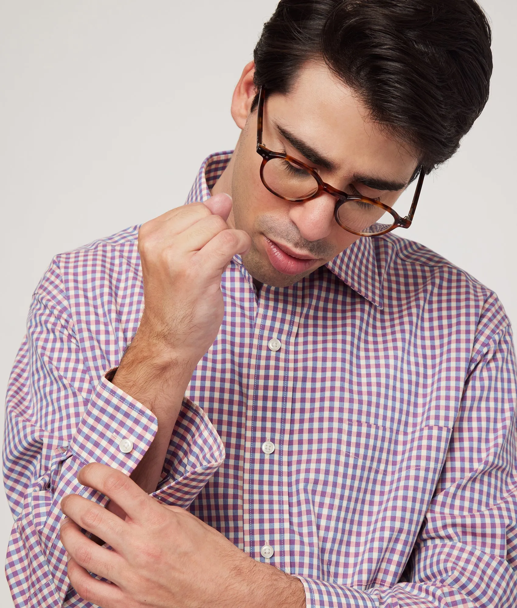 Long Sleeve Light Red Multi Gingham Poplin Pattern ‘Ryan’ Dress Shirt with Magnetic Closures